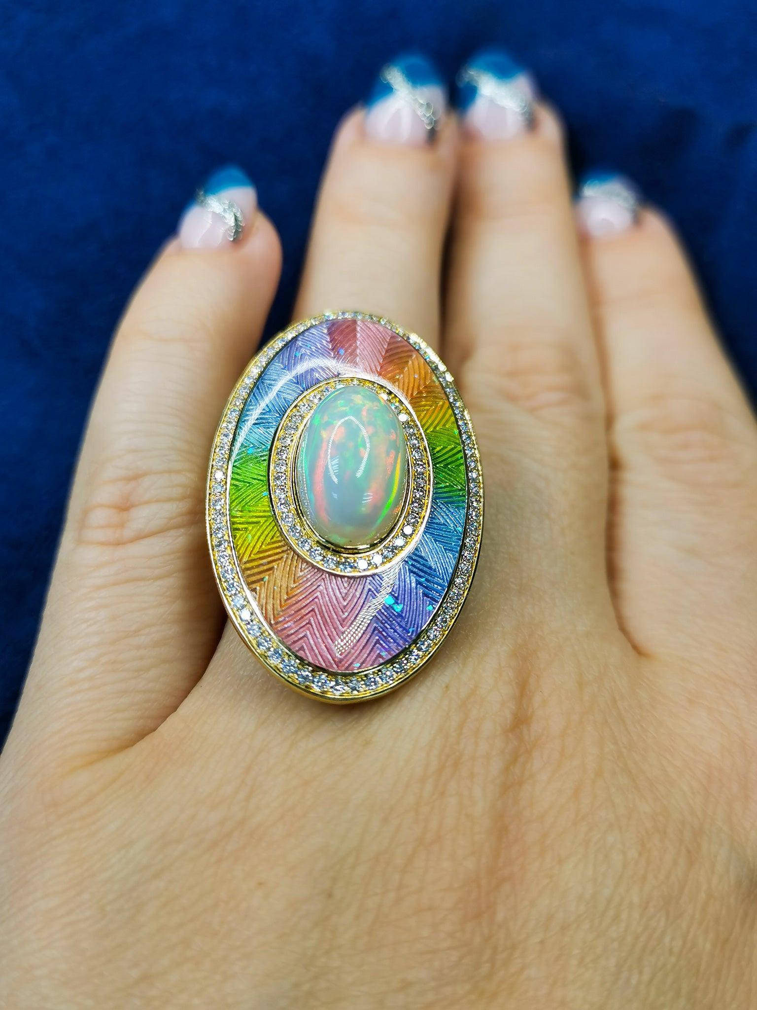 For Sale:  Ethiopian Opal Cabochon 5.22 Carat Diamonds 18 Karat Yellow Gold Enamel Ring 9