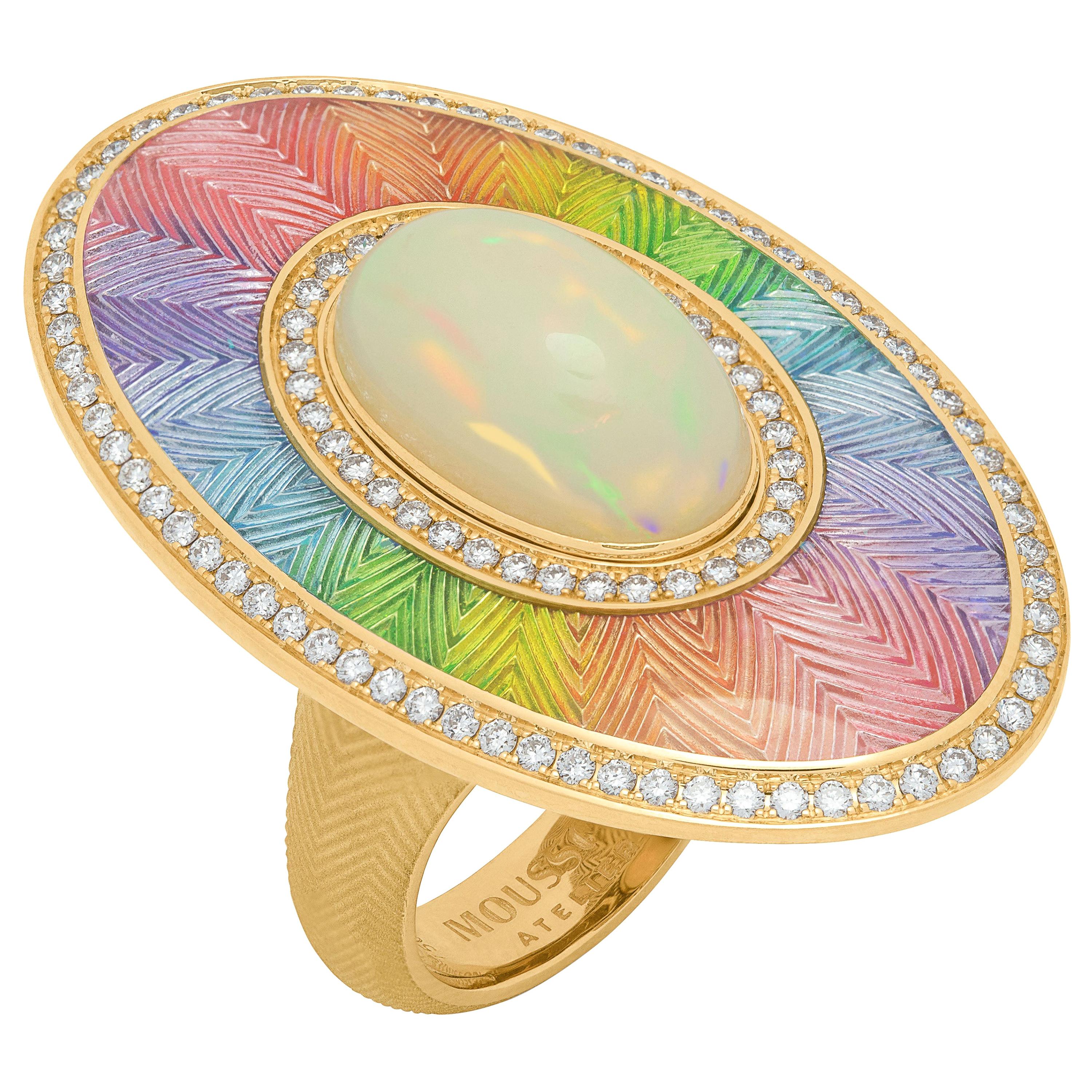 Äthiopischer Opal Cabochon 5,22 Karat Diamanten 18 Karat Gelbgold Emaille Ring