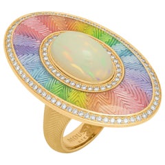 Cabujón de ópalo etíope Diamantes de 5,22 quilates Anillo de oro amarillo esmaltado de 18 quilates