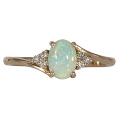 Ethiopian Opal Cabochon Ring with Diamond Accents: Solid 14K Gold, Oval 7x5mm