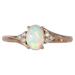 Ethiopian Opal Cabochon Ring with Diamond Accents: Solid 14K Gold, Oval 7x5mm