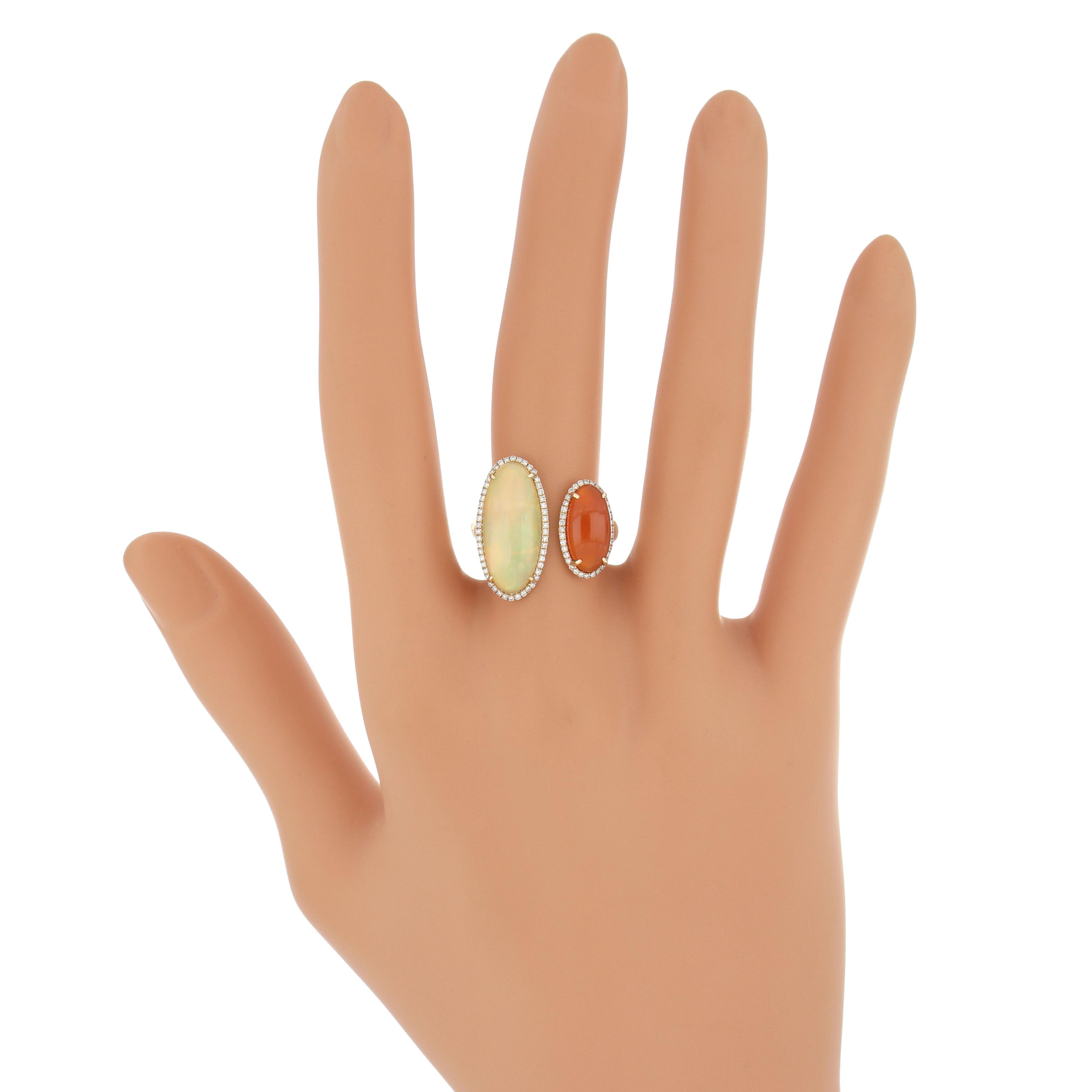 For Sale:  Ethiopian Opal, Carnelian and Diamond Ring 14 Karat Yellow Gold handcraft Ring 8
