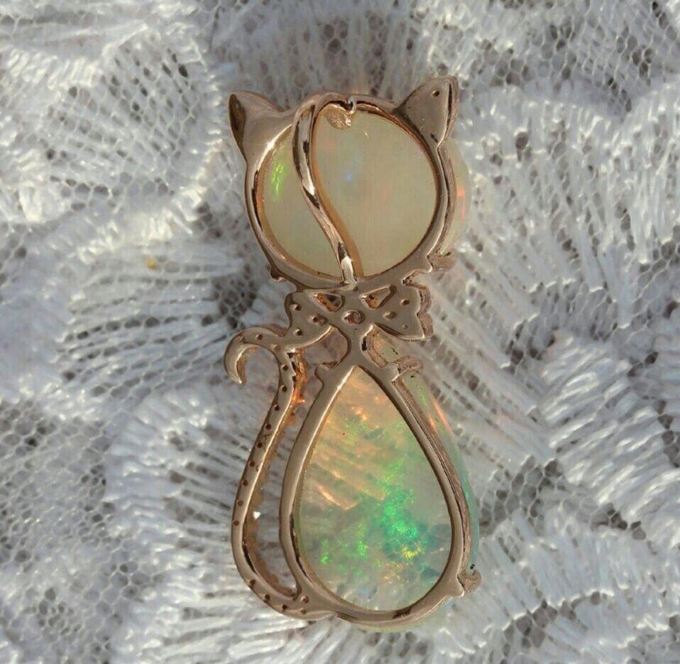 Ethiopian Opal Kitten Shape Cat Pendant in 14K Solid Gold For Sale 2