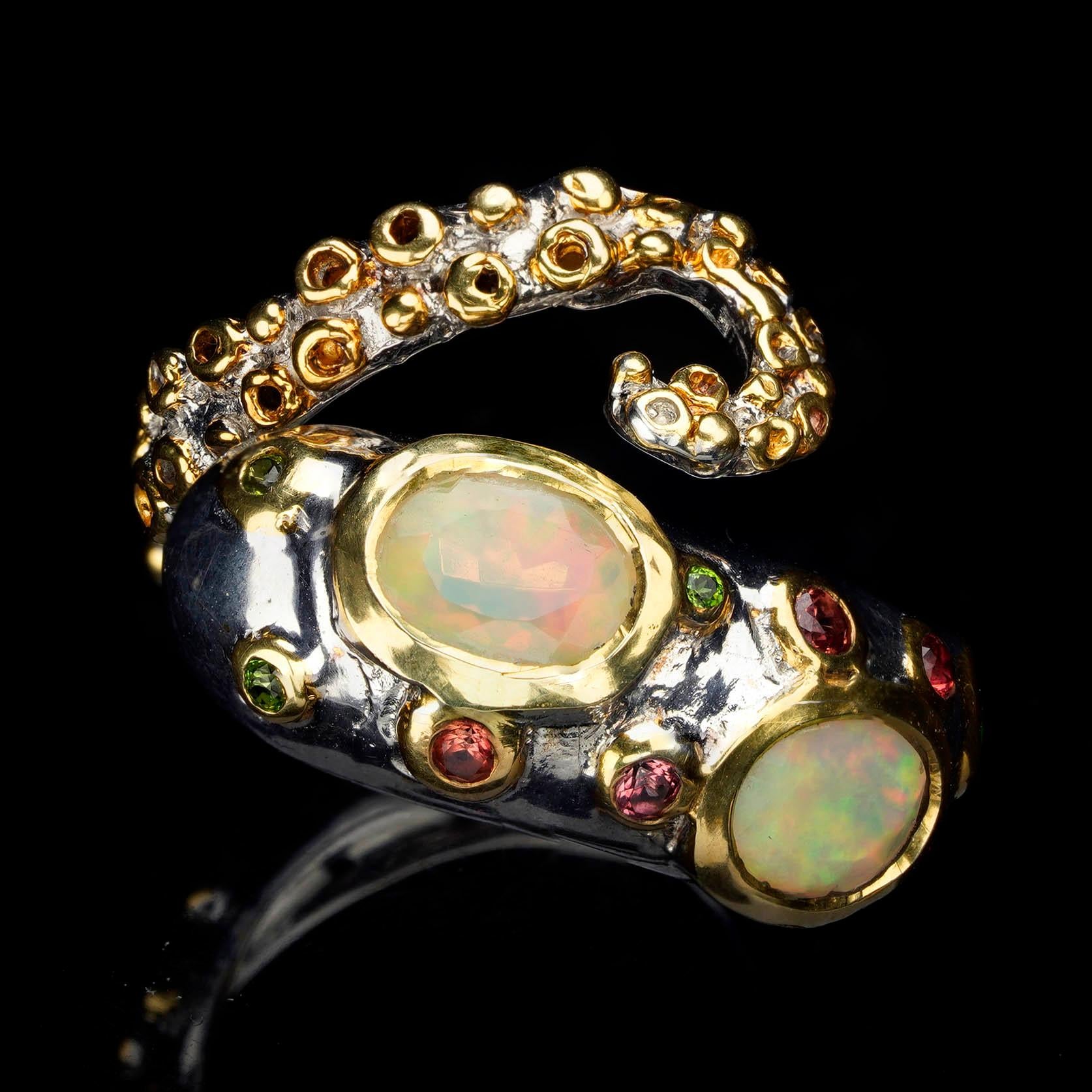 Oval Cut Ethiopian Opal, Chrome Diopside, and Orange Sapphire Tentacle Ring For Sale