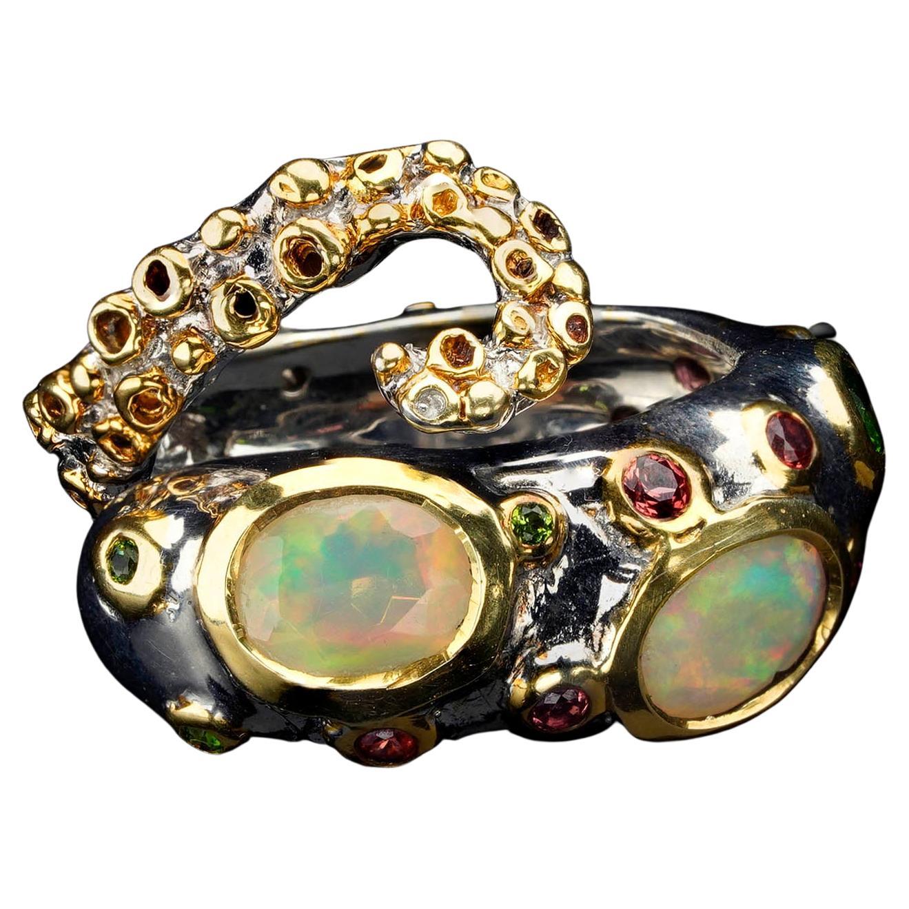 Ethiopian Opal, Chrome Diopside, and Orange Sapphire Tentacle Ring For Sale