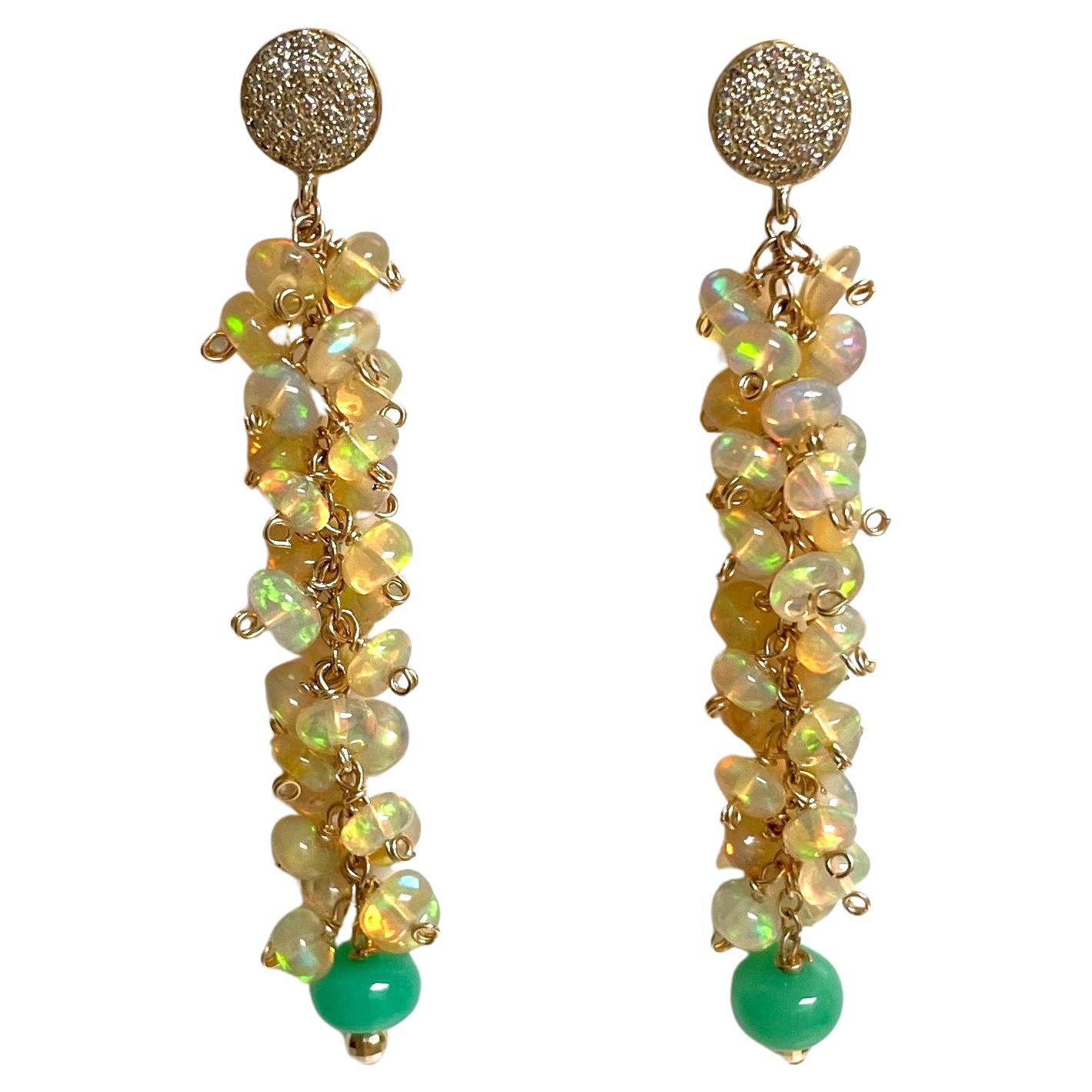 Ethiopian Opal Cluster with Chrysoprase and Pave Diamonds Paradizia Earrings For Sale 3