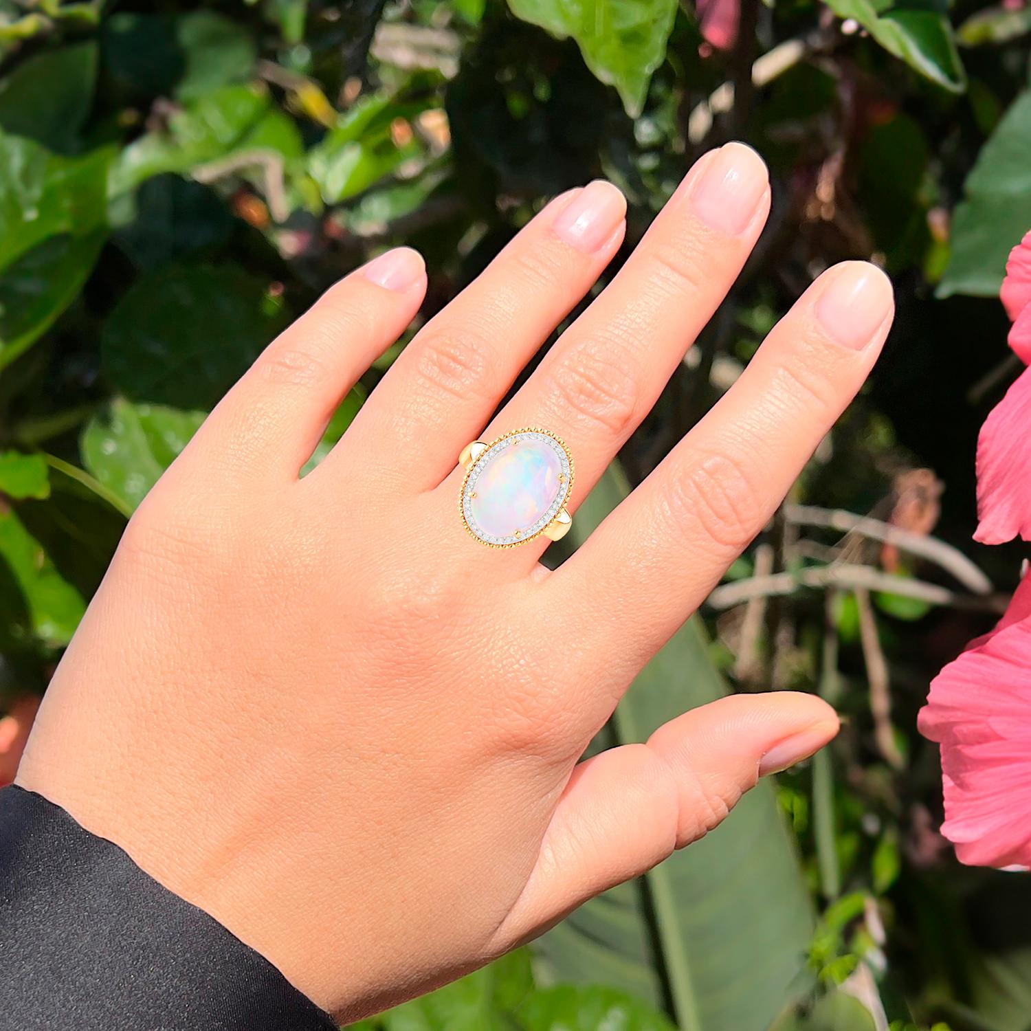 Contemporary Ethiopian Opal Cocktail Ring Diamond Halo 8.31 Carats 14K Yellow Gold For Sale