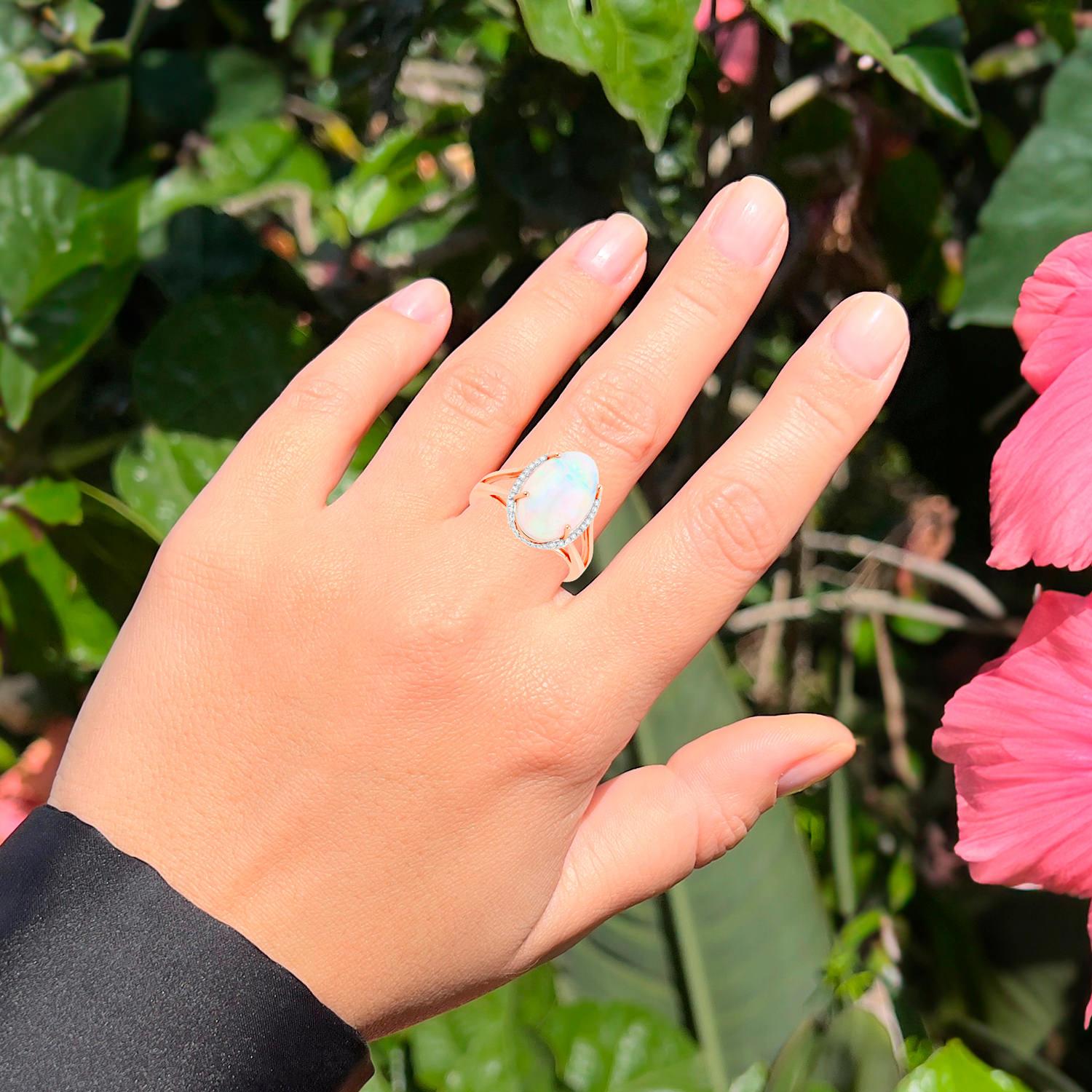 Contemporary Ethiopian Opal Cocktail Ring With Diamond Halo 3.25 Carats 14K Rose Gold For Sale