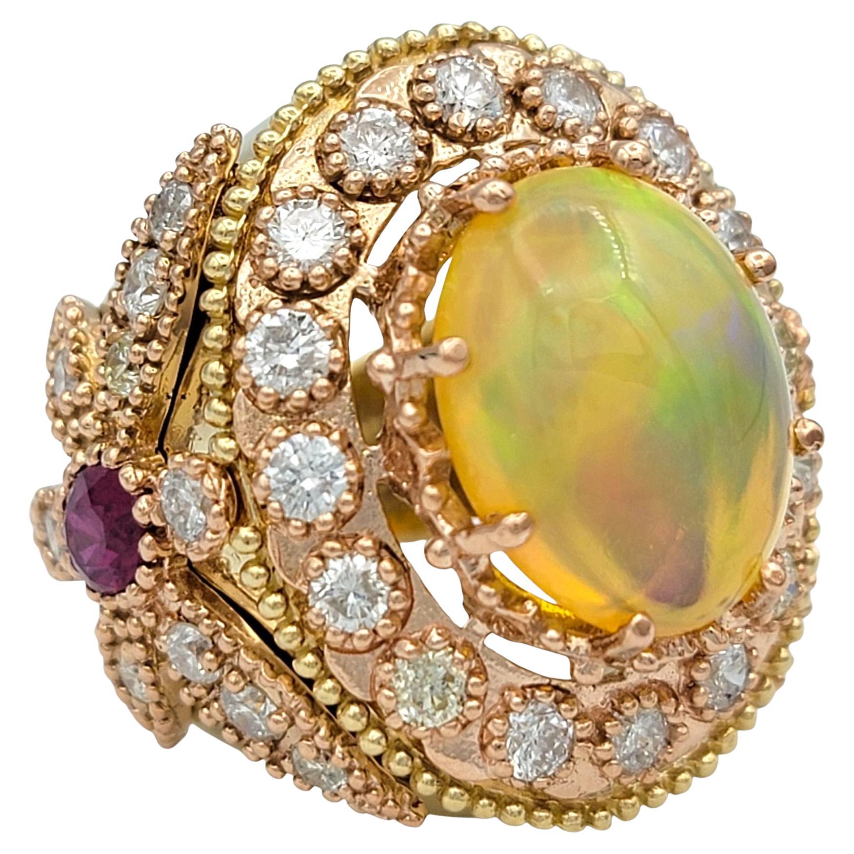 Ethiopian Opal Cocktail Ring with Diamond Halo and Ruby Dragonfly Motif 14K Gold