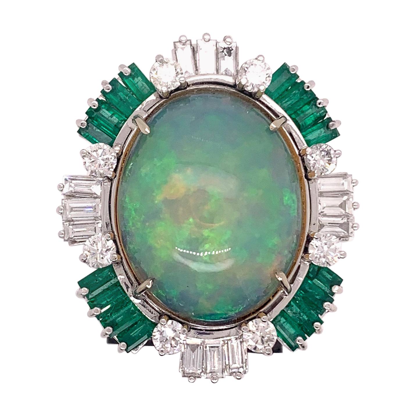 Äthiopischer Opal-Cocktailring mit Diamanten und Smaragden aus 18 Karat Weißgold