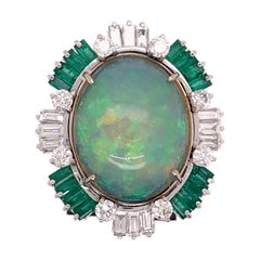 Ethiopian Opal Cocktail Ring with Diamonds and Emeralds in 18 Karat White Gold
