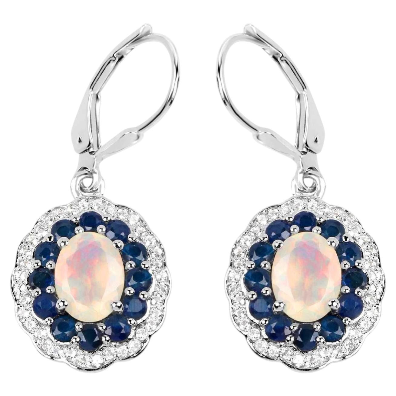 Ethiopian Opal Dangle Earrings Blue Sapphire 2.7 Carats Silver