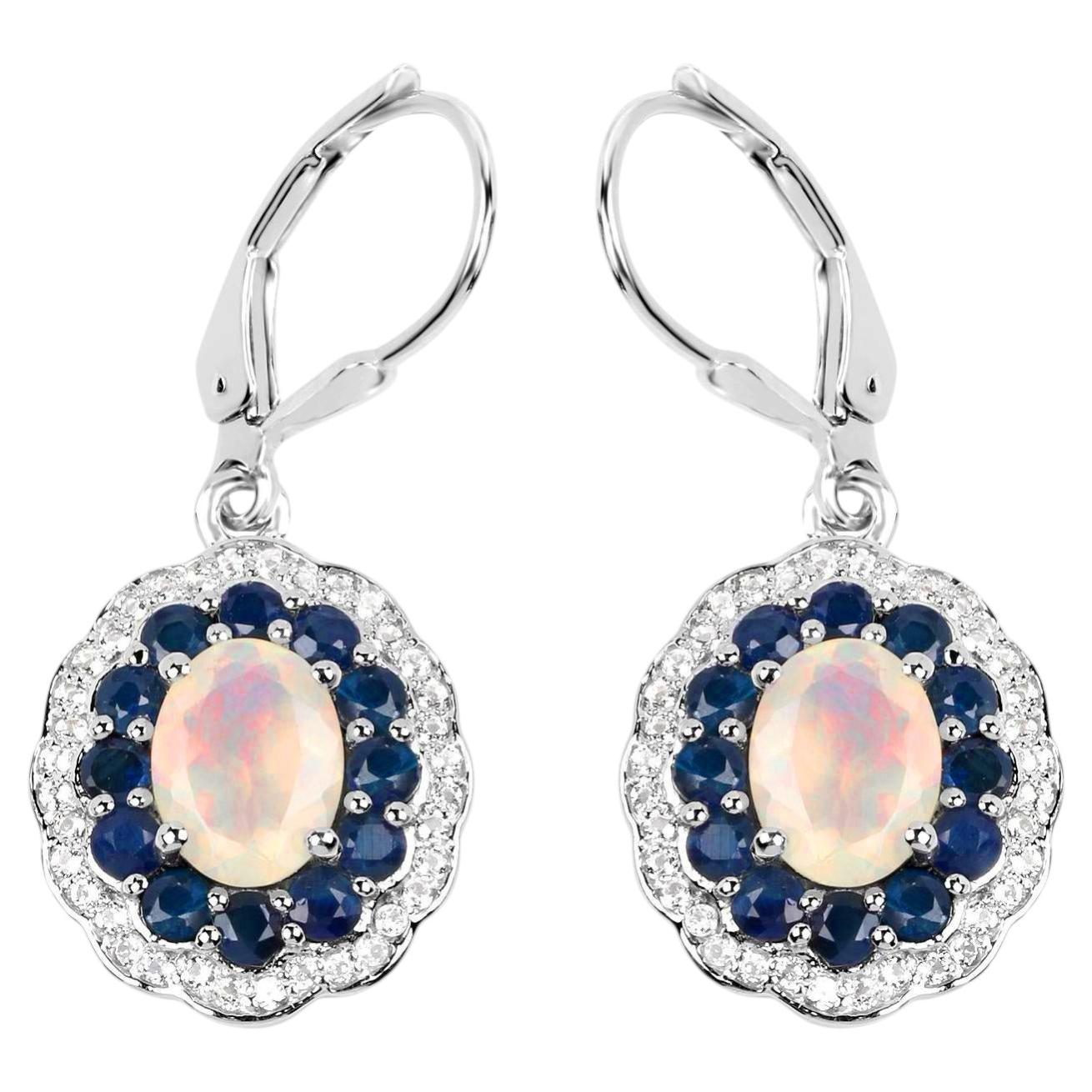 Ethiopian Opal Dangle Earrings Blue Sapphire 2.7 Carats Silver