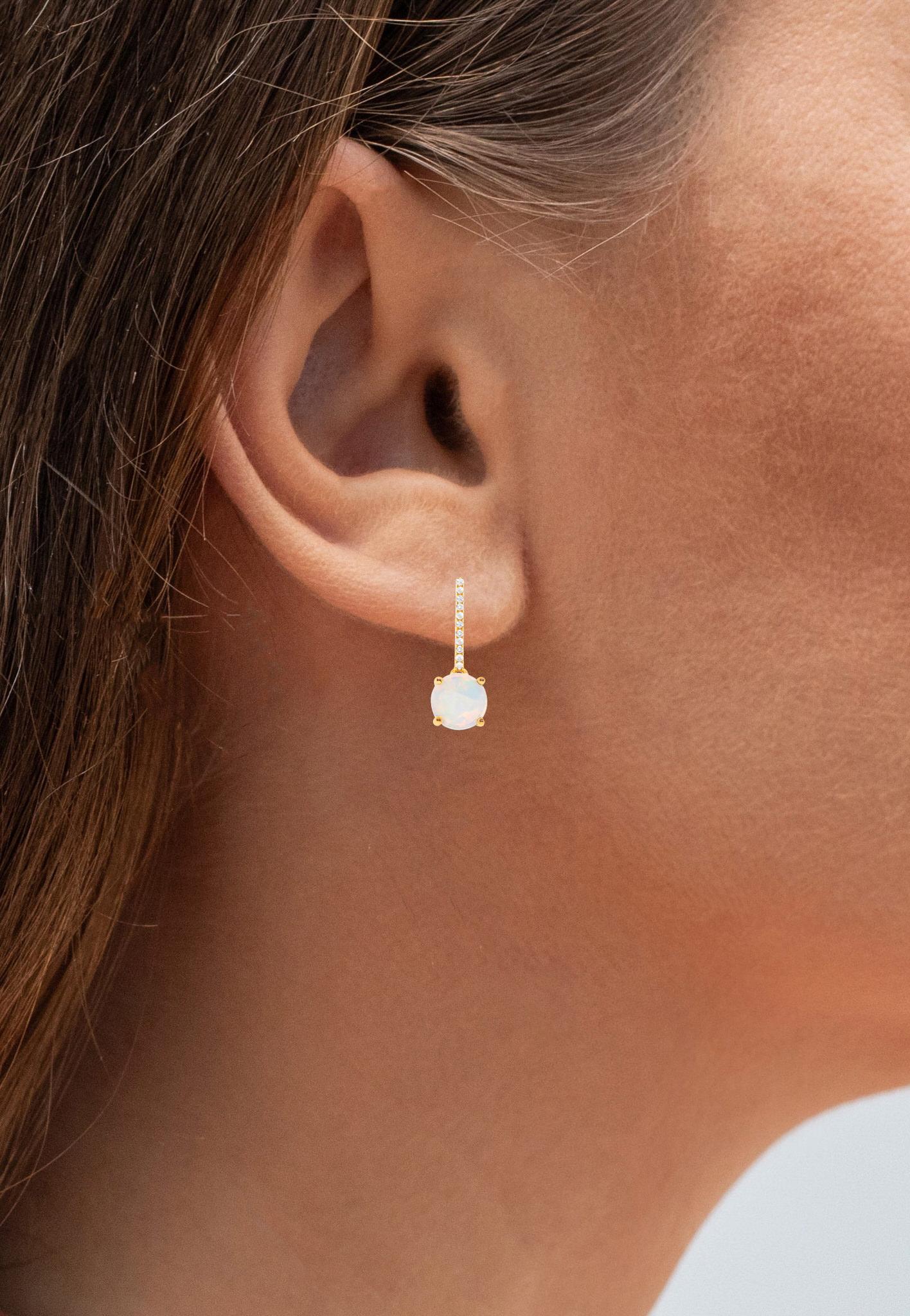 Cabochon Ethiopian Opal Dangle Earrings Diamonds 1.05 Carats 14K Yellow Gold For Sale