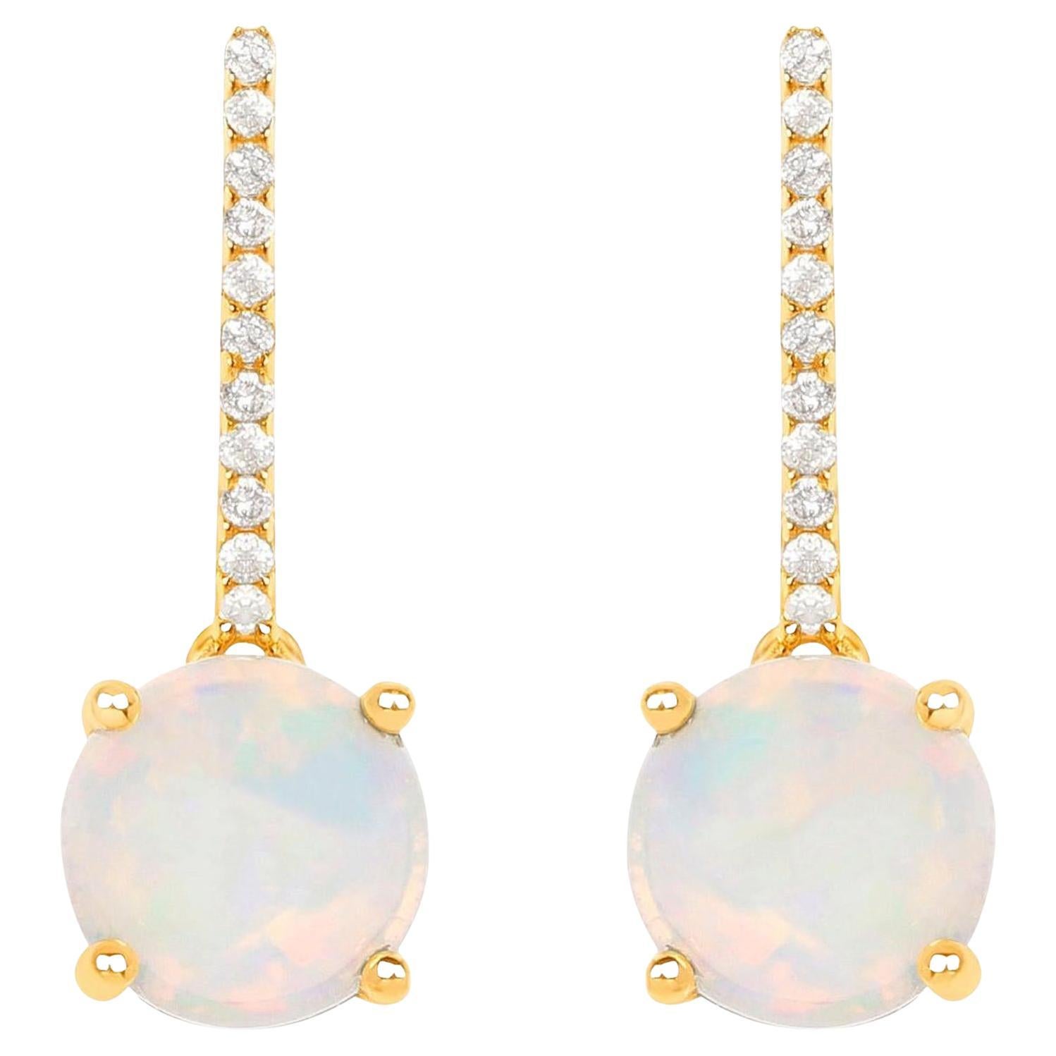 Ethiopian Opal Dangle Earrings Diamonds 1.05 Carats 14K Yellow Gold For Sale