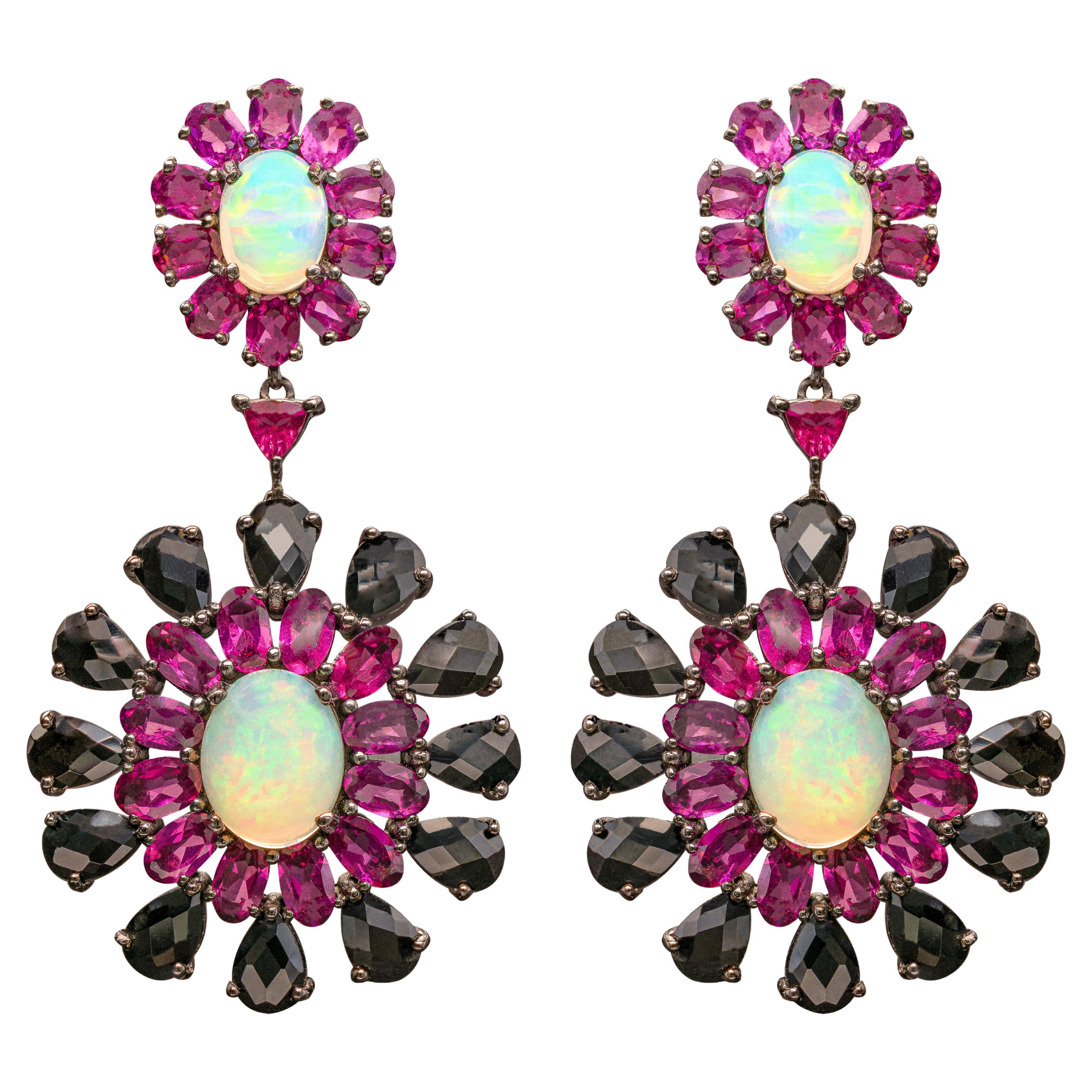 Ethiopian Opal Dangle Earrings Rhodolite and Black Spinel 29 Carats For Sale