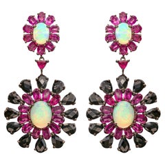 Ethiopian Opal Dangle Earrings Rhodolite and Black Spinel 29 Carats