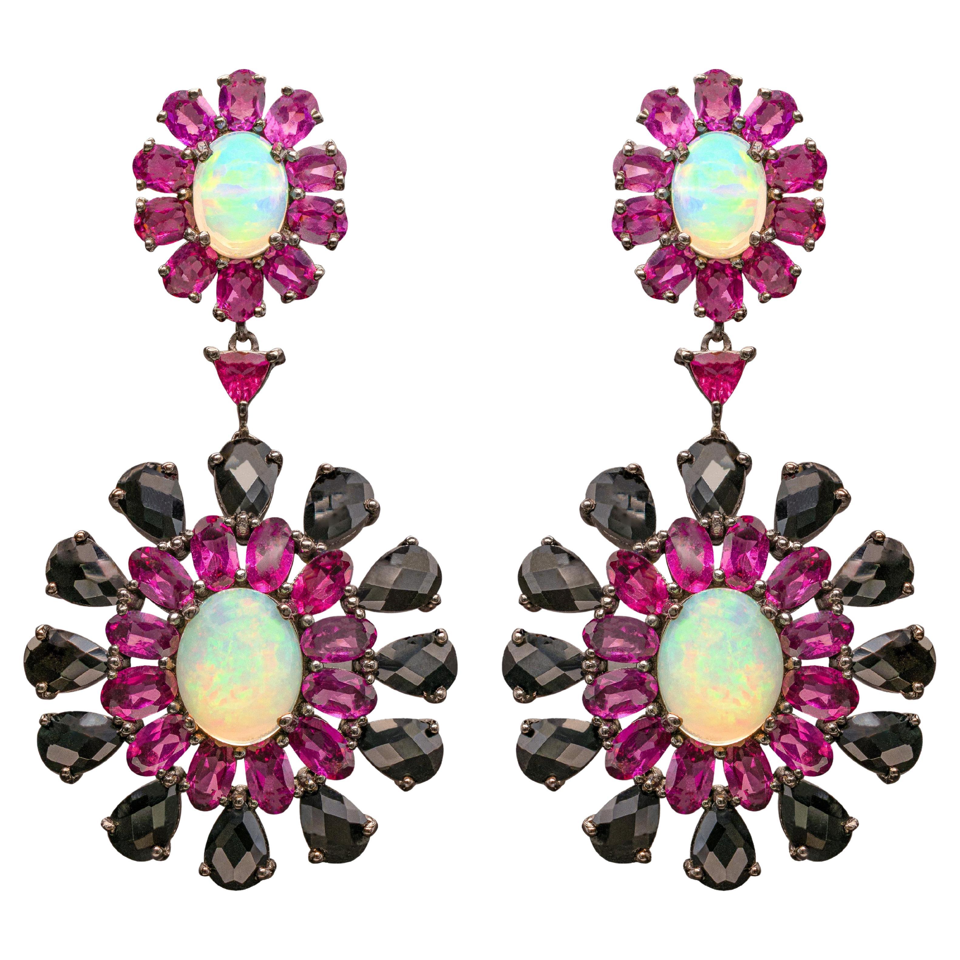 Ethiopian Opal Dangle Earrings Rhodolite and Black Spinel 29 Carats For Sale