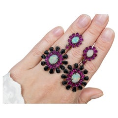 Ethiopian Opal Dangle Earrings Rhodolite and Black Spinel 29 Carats