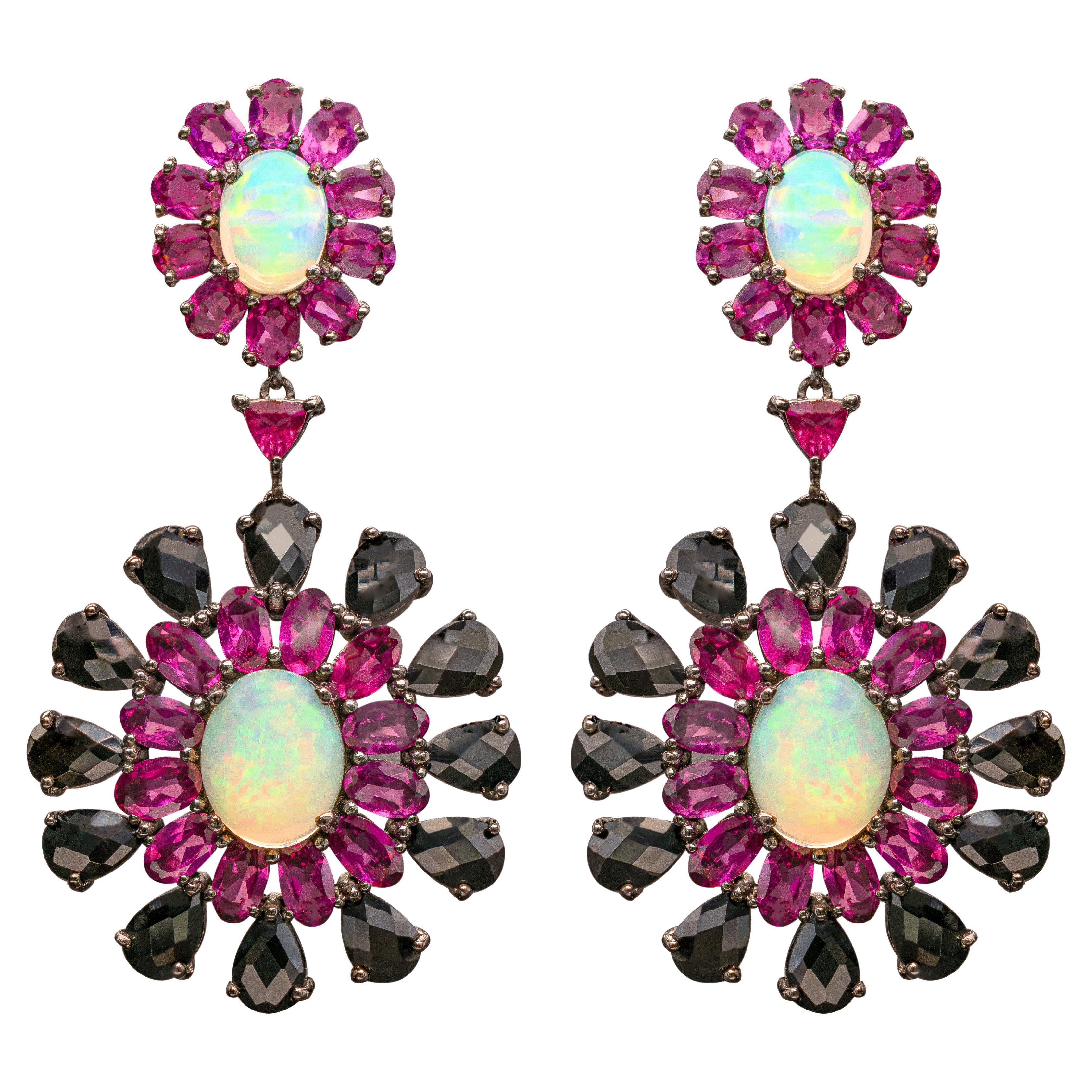 Ethiopian Opal Dangle Earrings Rhodolite and Black Spinel 29 Carats