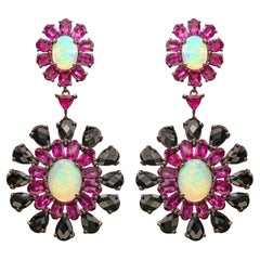 Ethiopian Opal Dangle Earrings Rhodolite and Black Spinel 29 Carats
