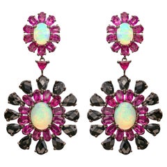 Ethiopian Opal Dangle Earrings Rhodolite and Black Spinel 29 Carats