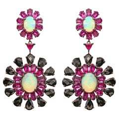 Ethiopian Opal Dangle Earrings Rhodolite and Black Spinel 29 Carats