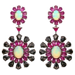 Ethiopian Opal Dangle Earrings Rhodolite and Black Spinel 29 Carats
