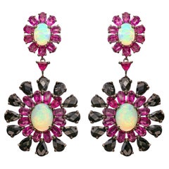 Ethiopian Opal Dangle Earrings Rhodolite and Black Spinel 29 Carats
