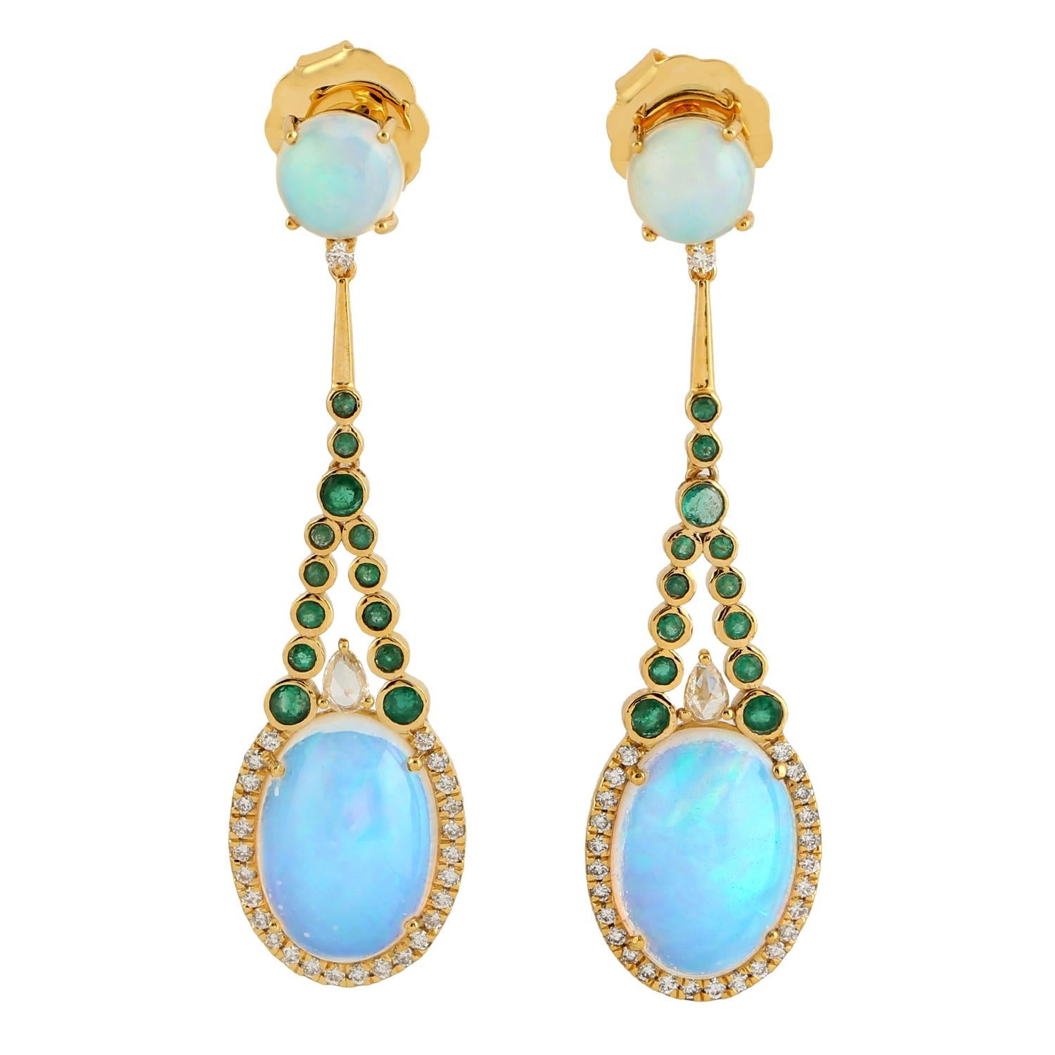 Mixed Cut Ethiopian Opal Dangle Earrings With Emerald & Diamonds Made In 18k Yellow Gold For Sale