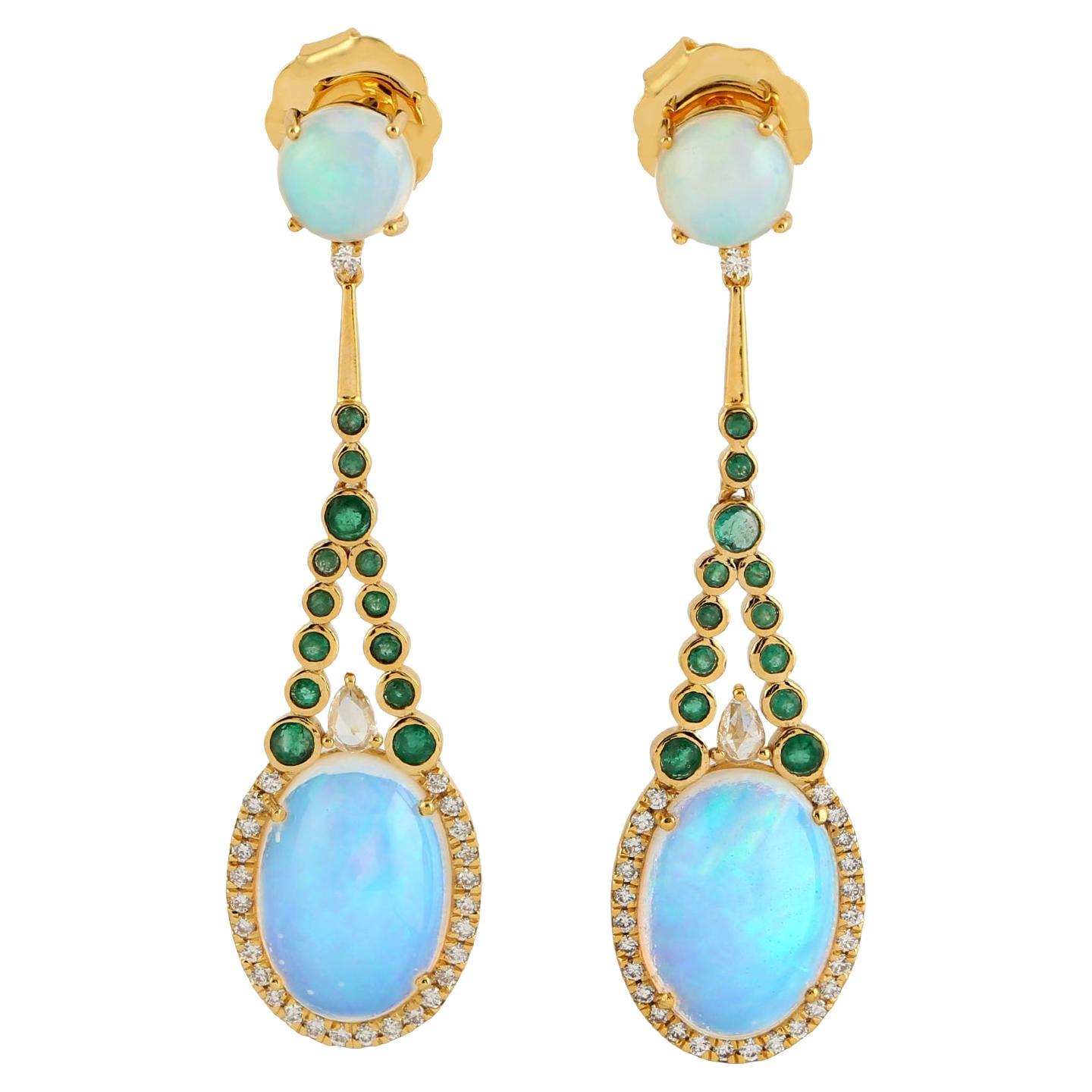 Ethiopian Opal Dangle Earrings With Emerald & Diamonds Made In 18k Yellow Gold For Sale