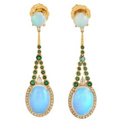 Ethiopian Opal Dangle Earrings With Emerald & Diamonds Made In 18k Yellow Gold