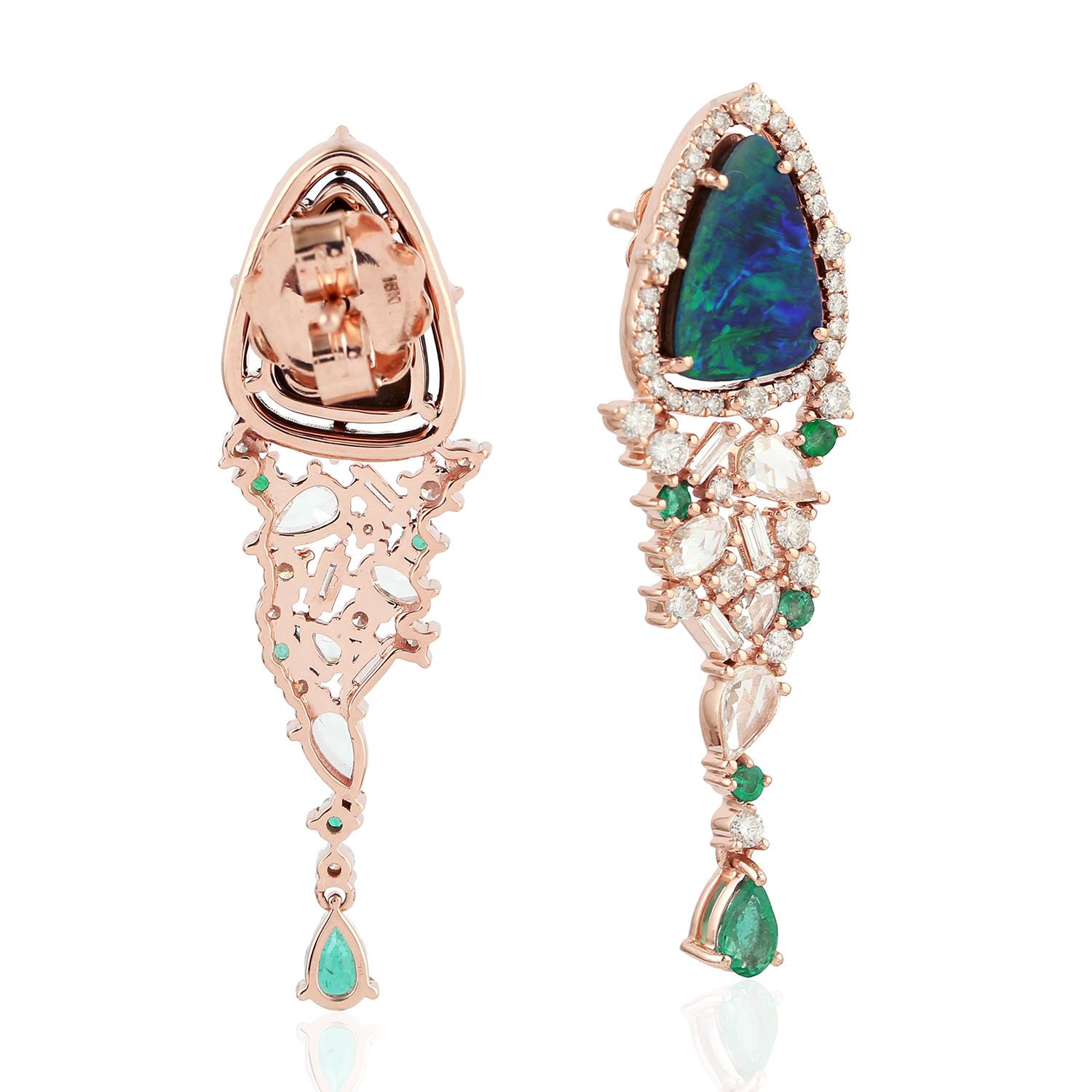 Contemporary Ethiopian Opal Dangle Earrings With Emerald & Rose Cut Diamonds Made In 18k Rose For Sale