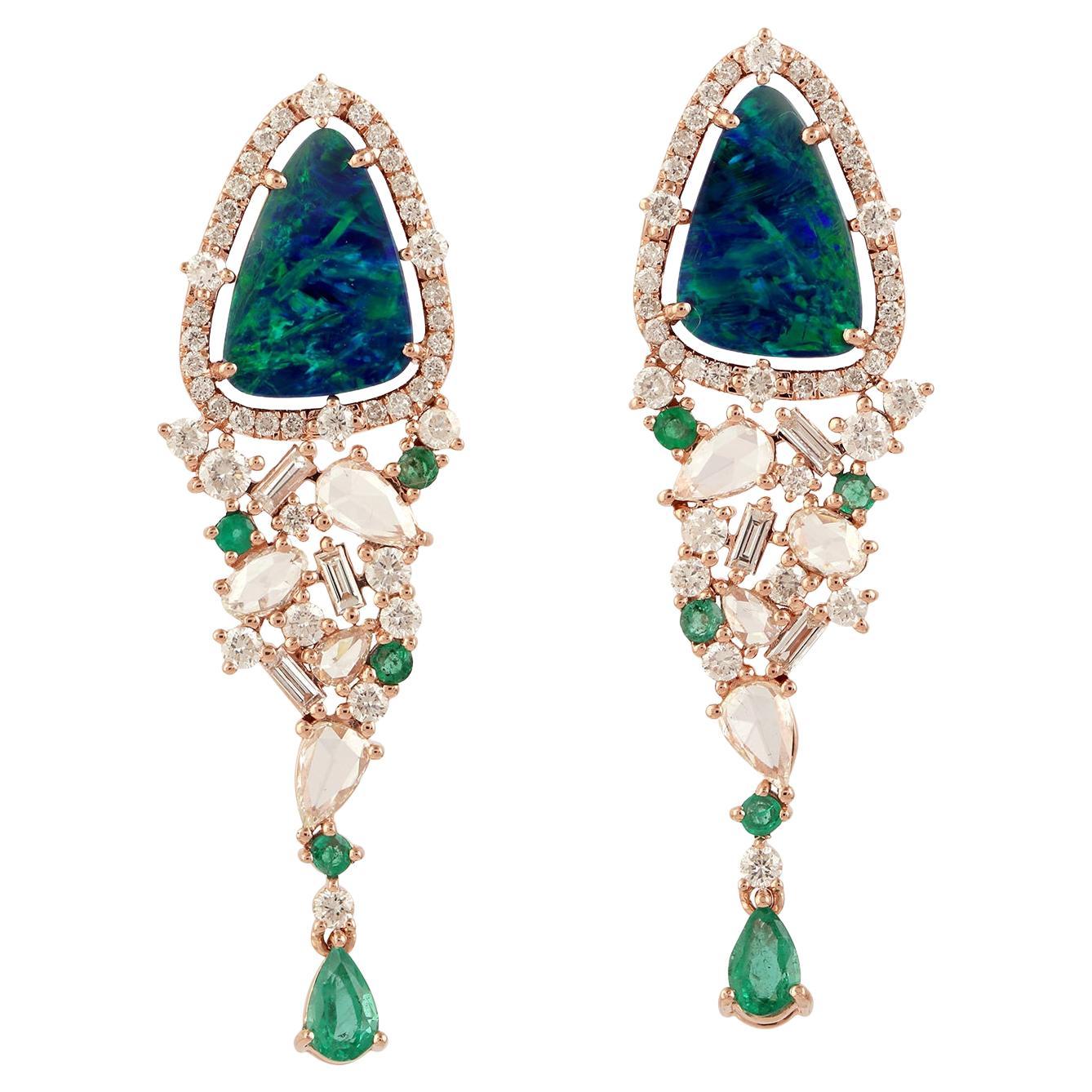 Ethiopian Opal Dangle Earrings With Emerald & Rose Cut Diamonds Made In 18k Rose For Sale