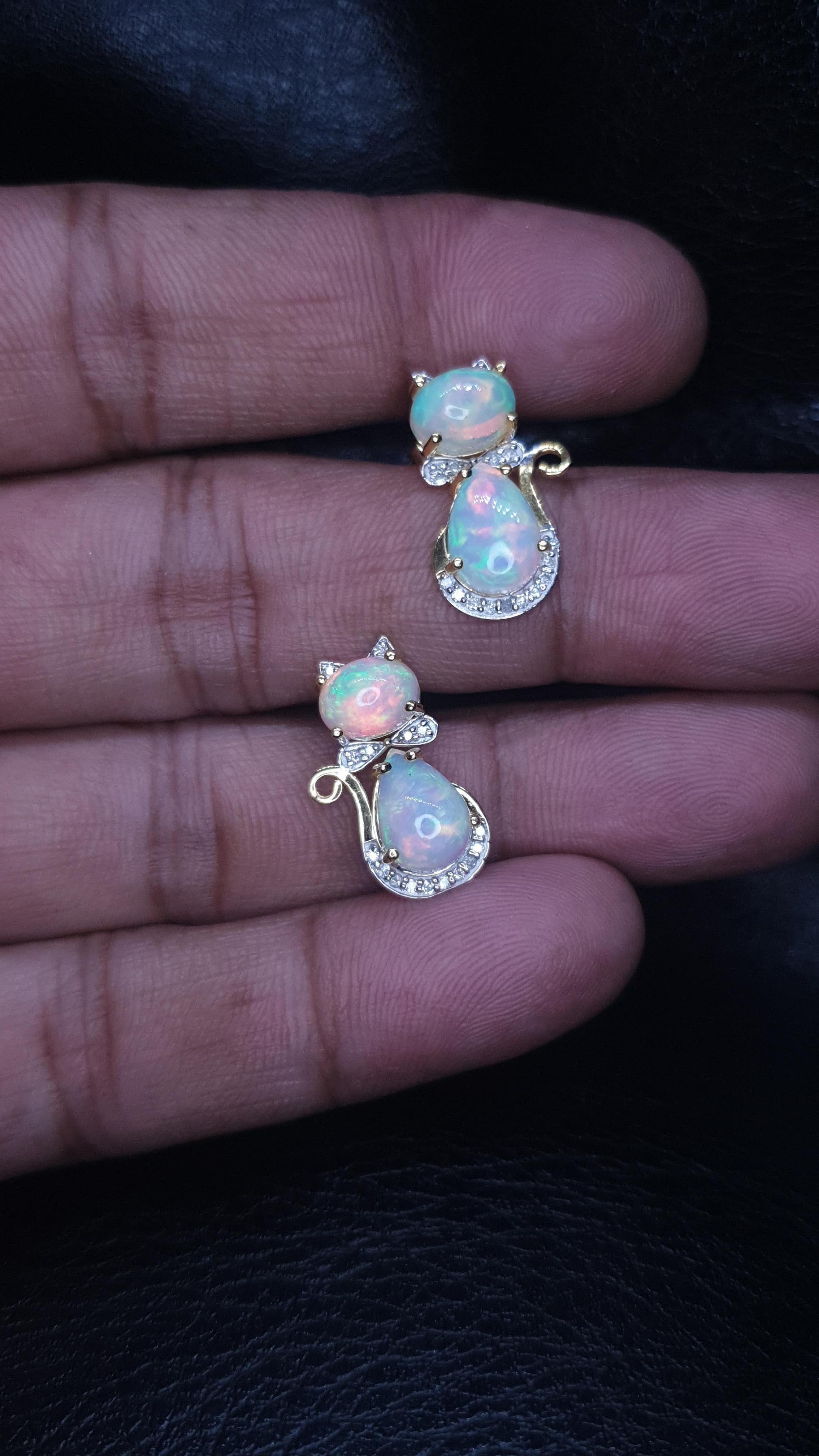 Ethiopian Opal Diamond 14k Solid Gold Kitty Cat Earring Cat Bow Stud 1 pc only For Sale 4