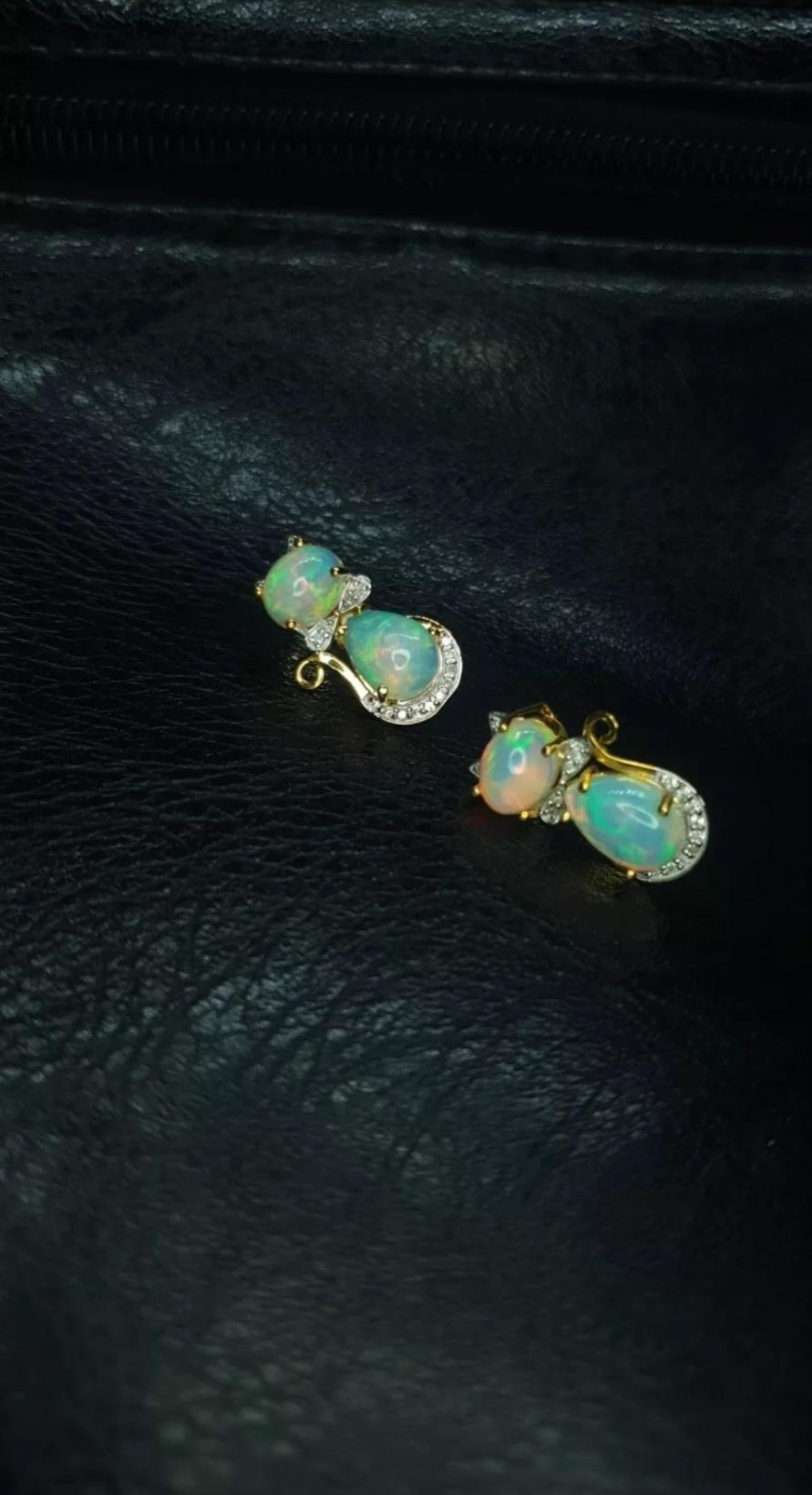 Ethiopian Opal Diamond 14k Solid Gold Kitty Cat Bow Stud Earrings Pair For Sale 4