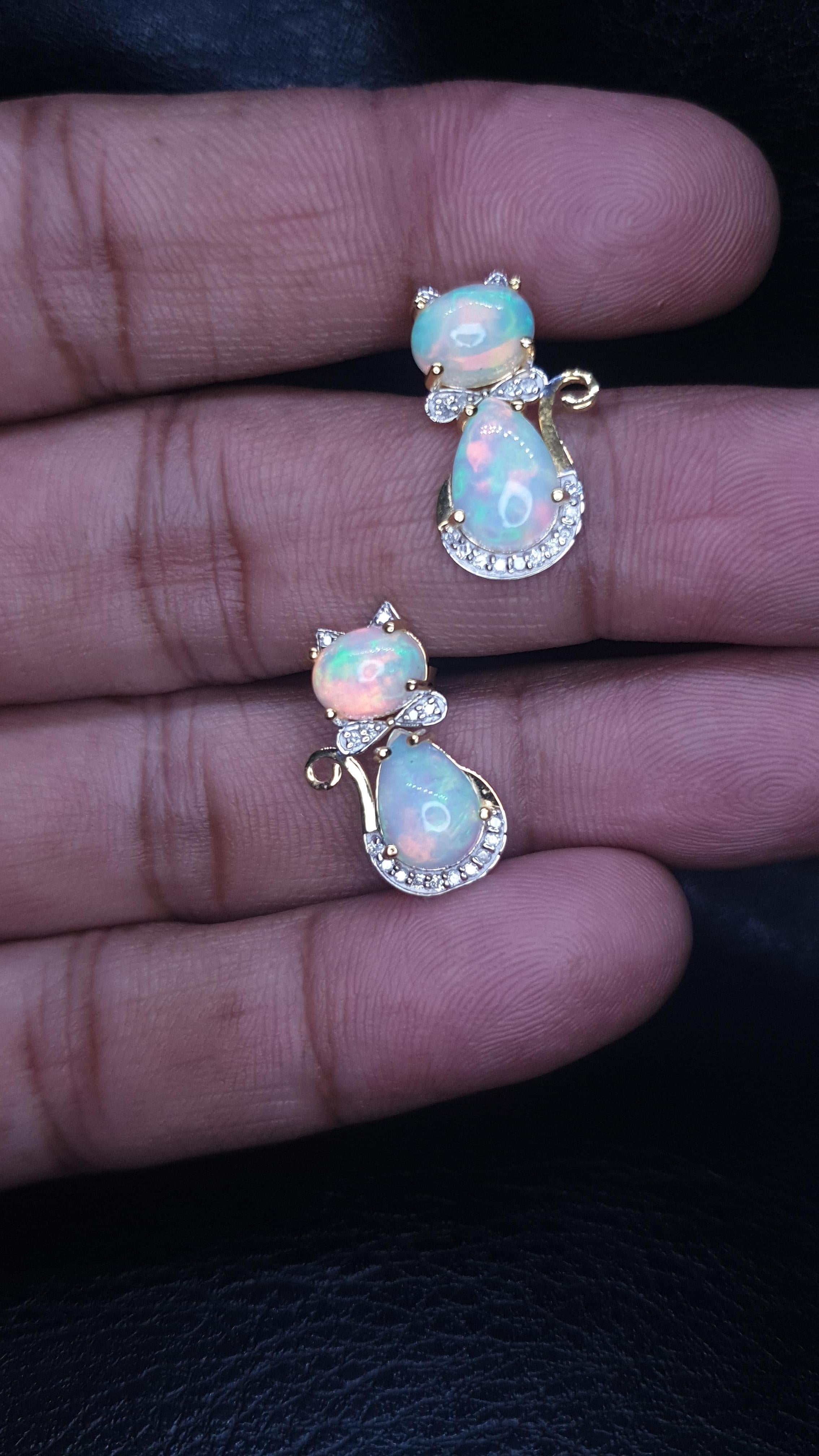 Ethiopian Opal Diamond 14k Solid Gold Kitty Cat Earring Cat Bow Stud 1 pc only For Sale 5