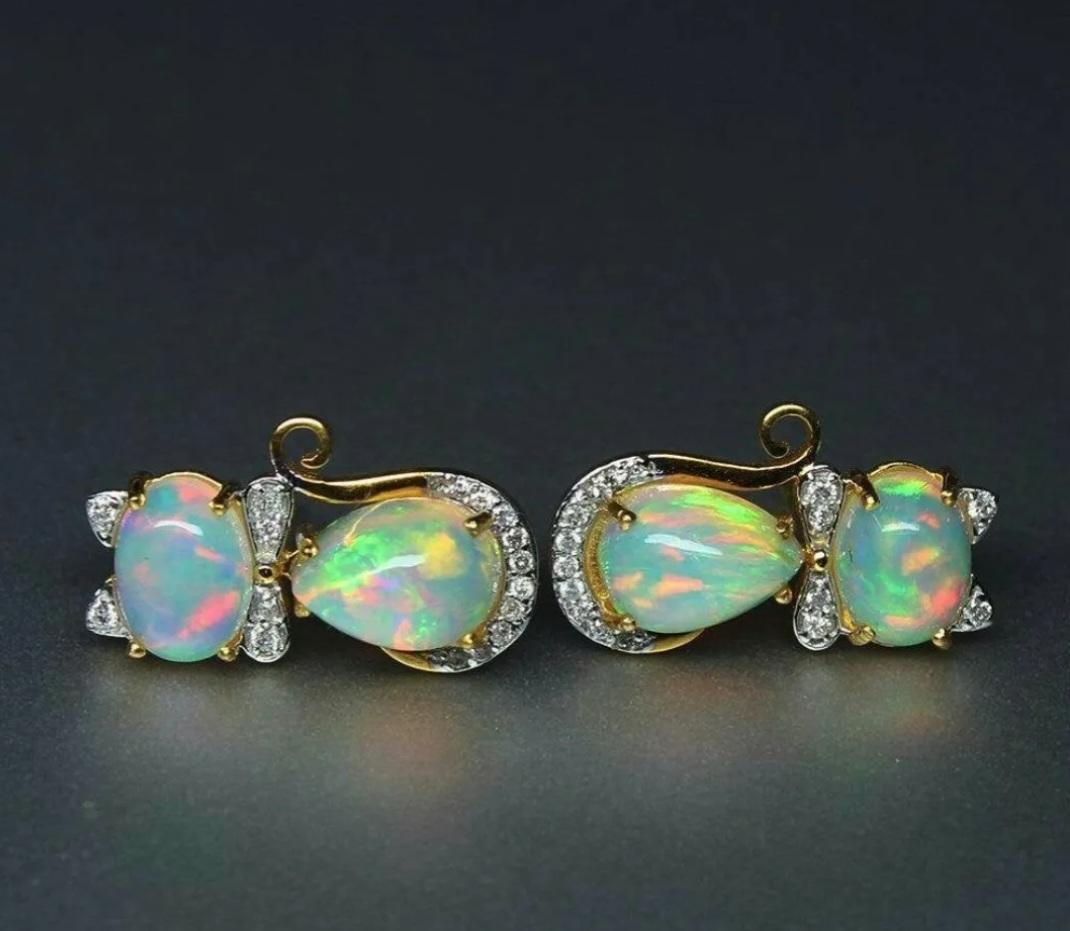 Ethiopian Opal Diamond 14k Solid Gold Kitty Cat Bow Stud Earrings Pair For Sale 5