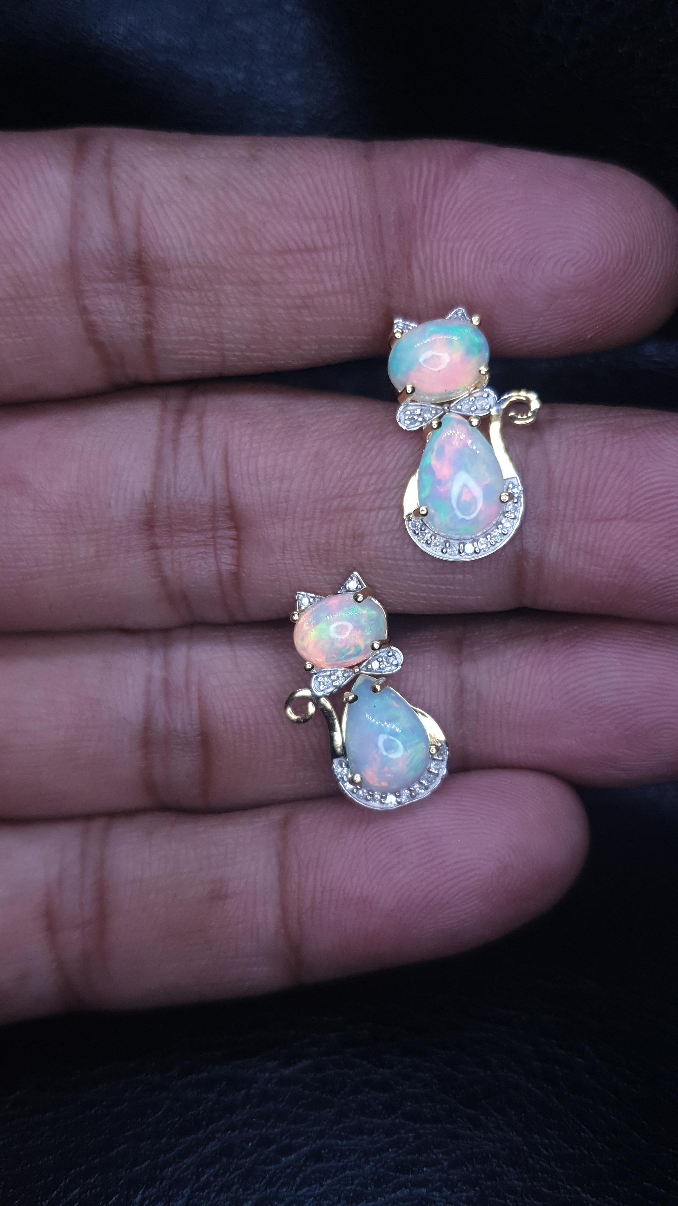 Ethiopian Opal Diamond 14k Solid Gold Kitty Cat Earring Cat Bow Stud 1 pc only For Sale 6