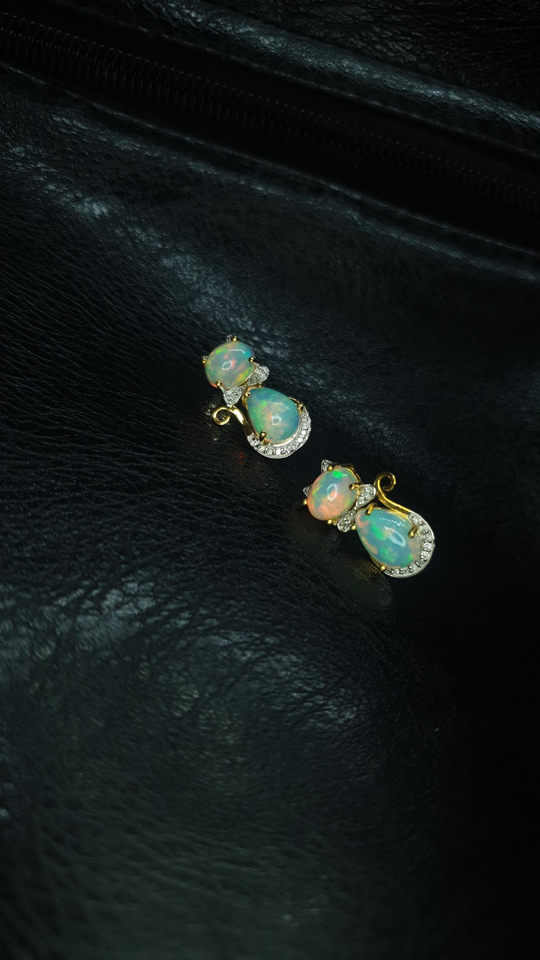 Ethiopian Opal Diamond 14k Solid Gold Kitty Cat Earring Cat Bow Stud 1 pc only For Sale 7