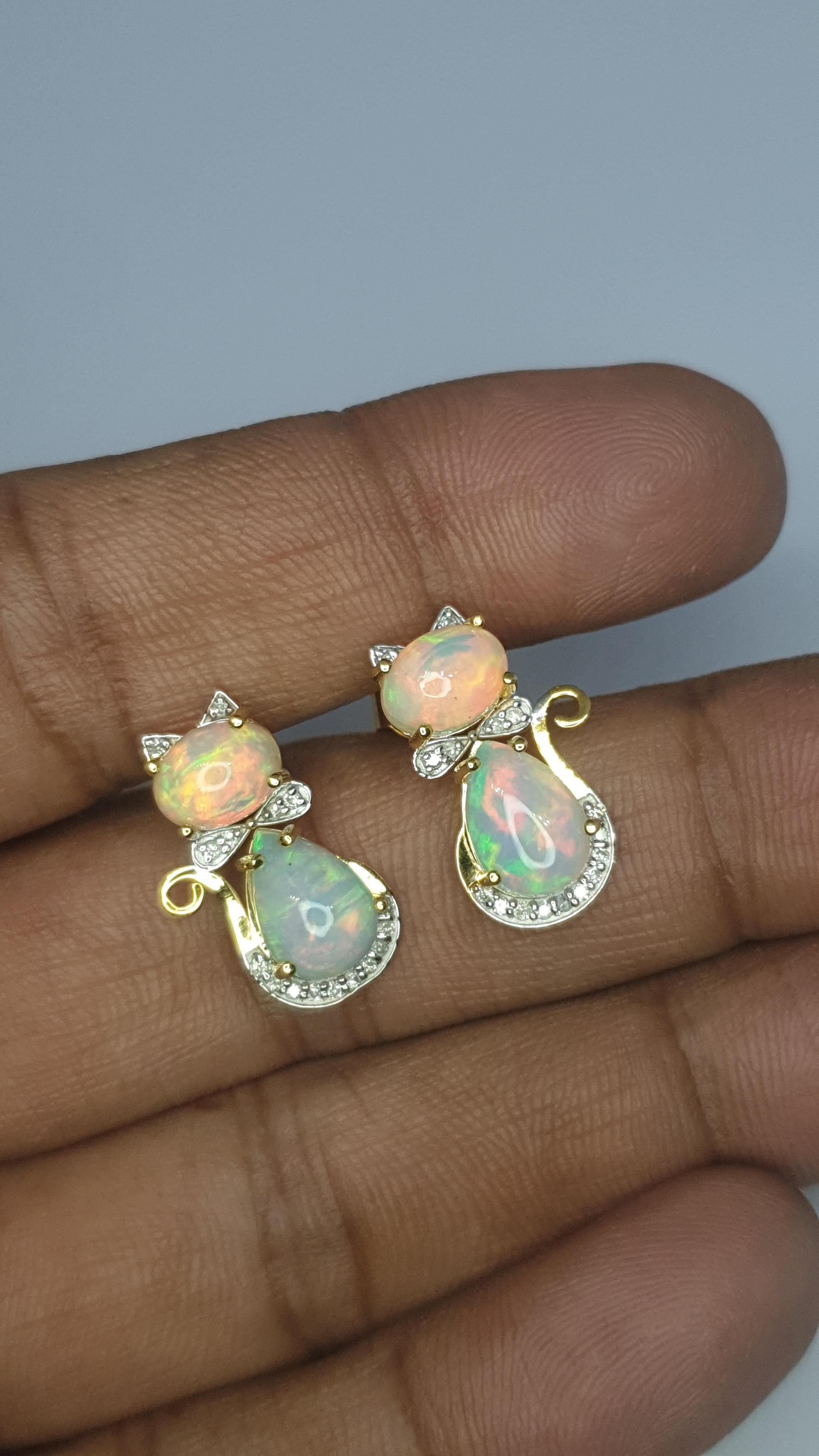 Ethiopian Opal Diamond 14k Solid Gold Kitty Cat Earring Cat Bow Stud 1 pc only For Sale 8