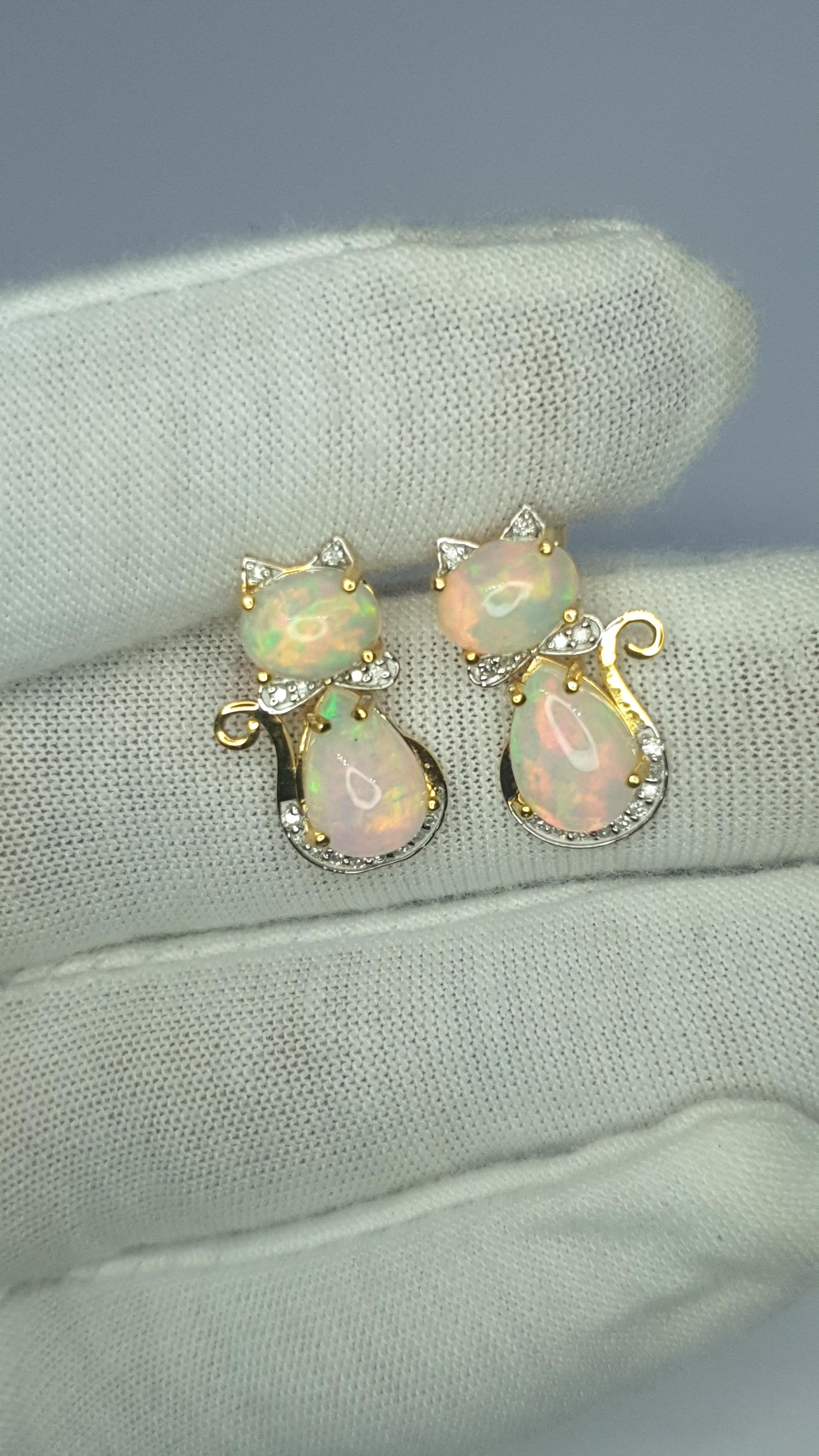 Ethiopian Opal Diamond 14k Solid Gold Kitty Cat Earring Cat Bow Stud 1 pc only For Sale 10