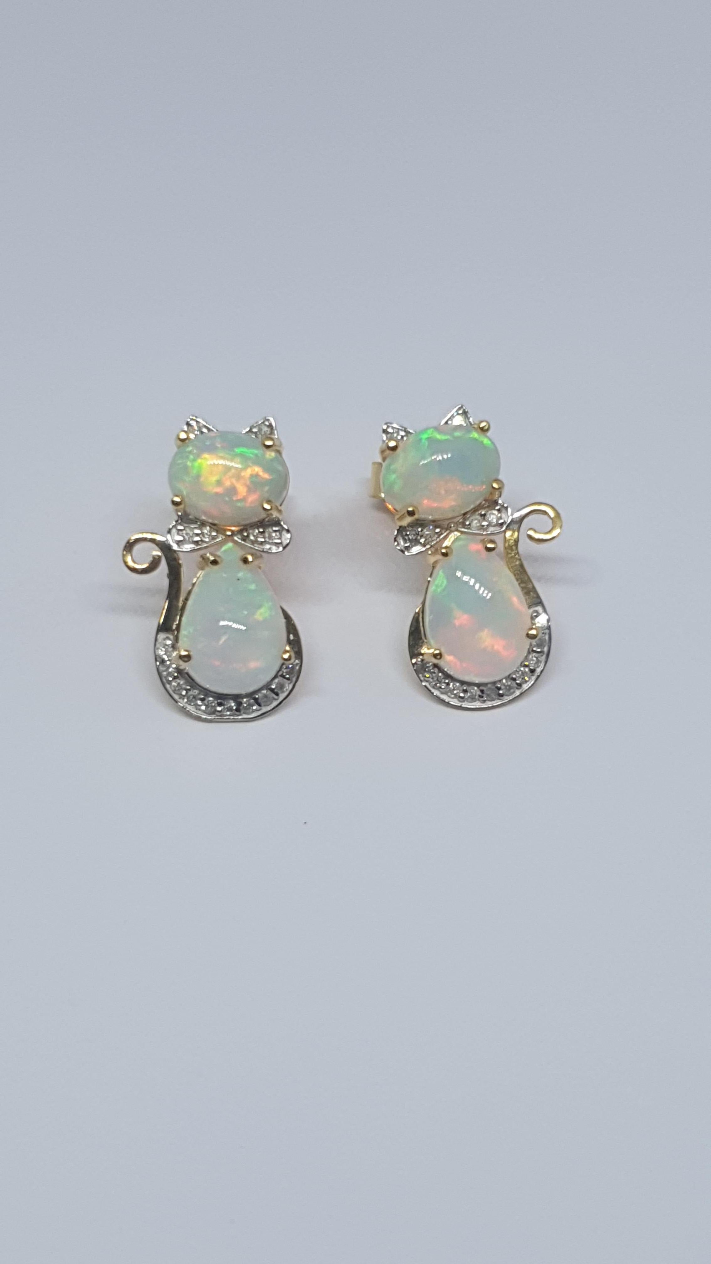 Ethiopian Opal Diamond 14k Solid Gold Kitty Cat Earring Cat Bow Stud 1 pc only For Sale 12