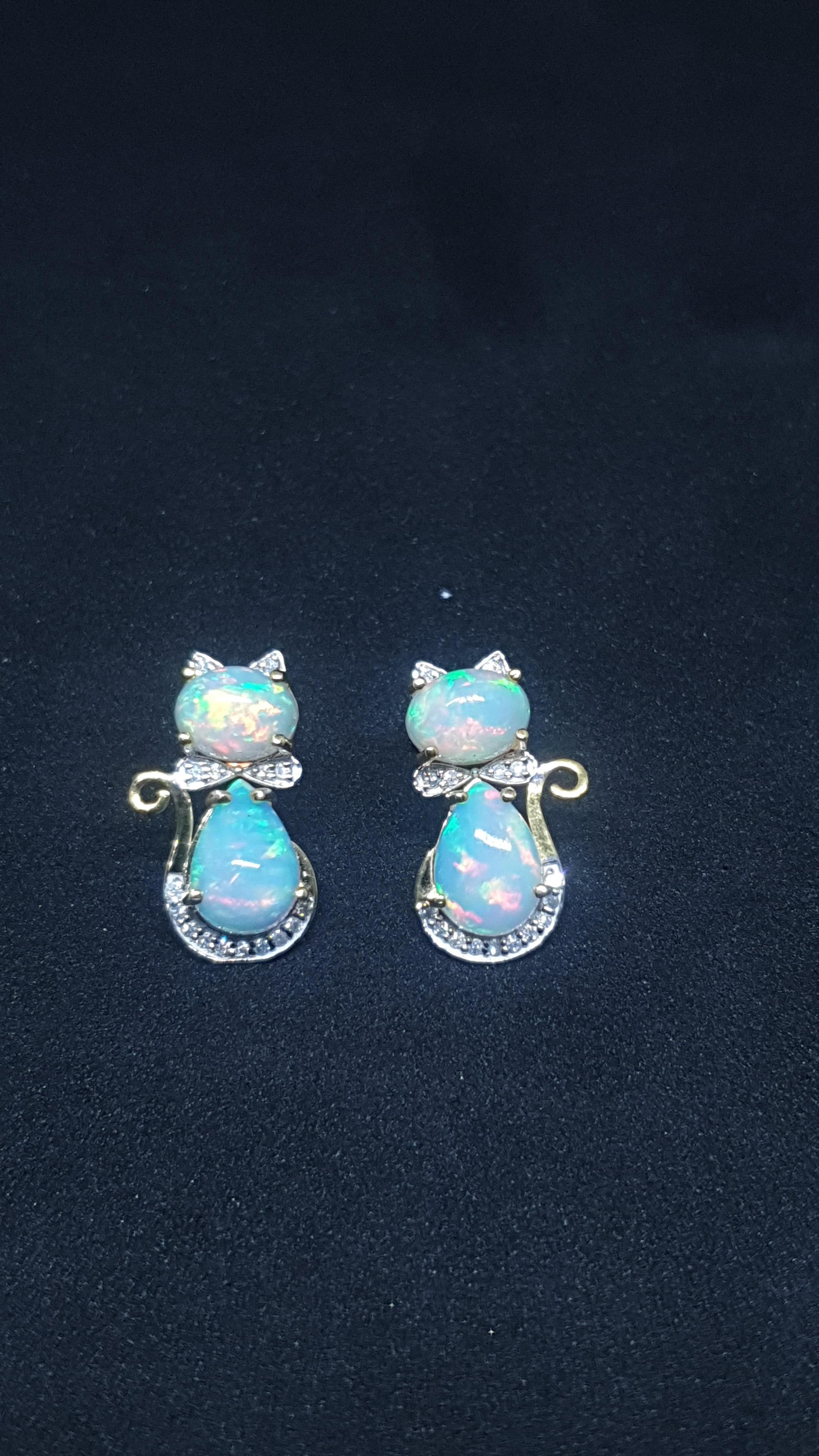 Ethiopian Opal Diamond 14k Solid Gold Kitty Cat Earring Cat Bow Stud 1 pc only For Sale 13