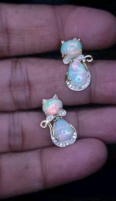 Ethiopian Opal Diamond 14k Solid Gold Kitty Cat Bow Stud Earrings Pair