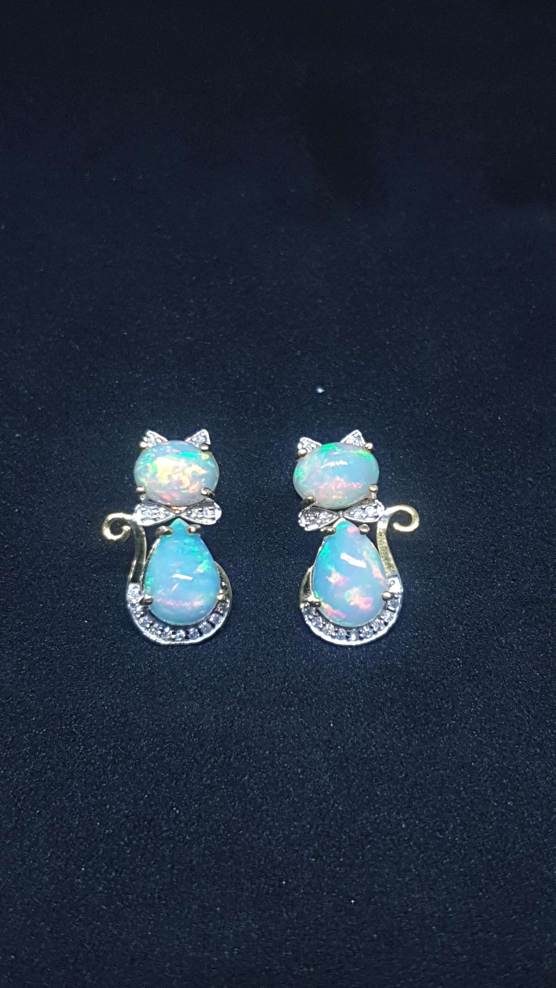 Ethiopian Opal Diamond 14k Solid Gold Kitty Cat Earring Cat Bow Stud 1 pc only For Sale 14