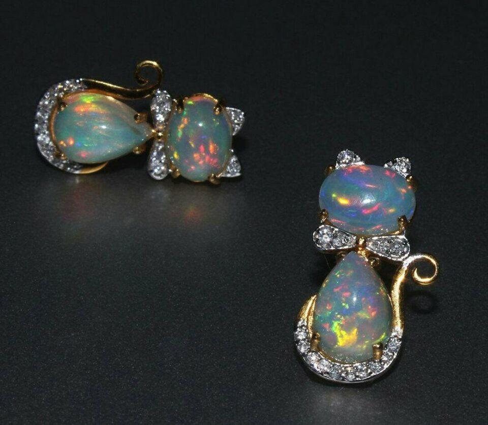 Art Deco Ethiopian Opal Diamond 14k Solid Gold Kitty Cat Earring Cat Bow Stud Earrings  For Sale
