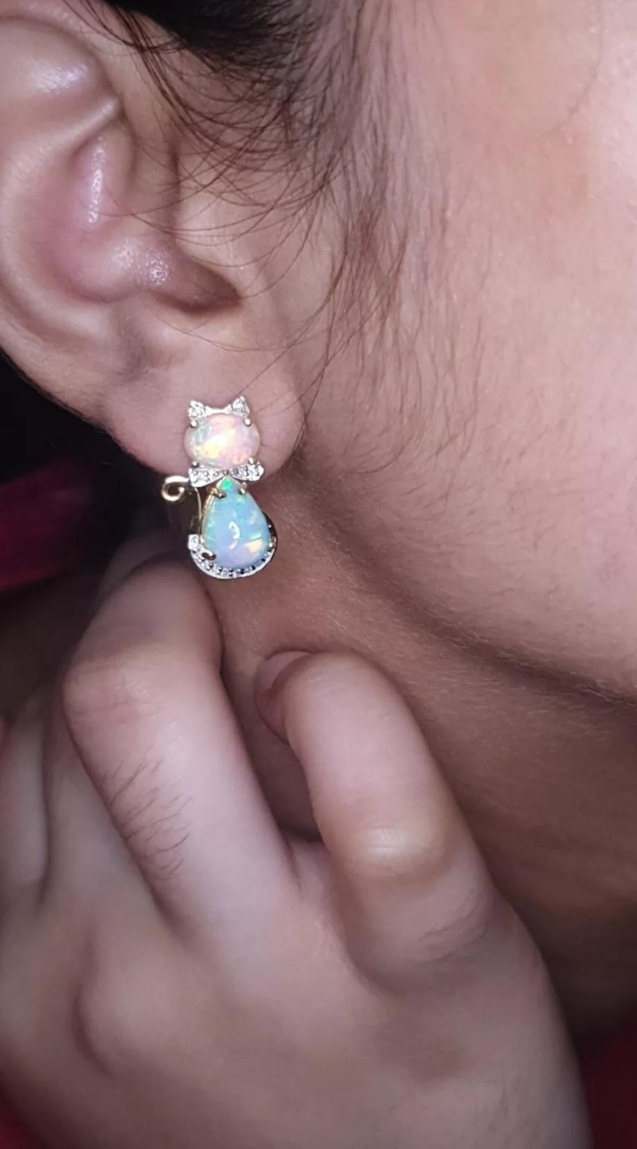 Art Deco Ethiopian Opal Diamond 14k Solid Gold Kitty Cat Bow Stud Earrings Pair For Sale