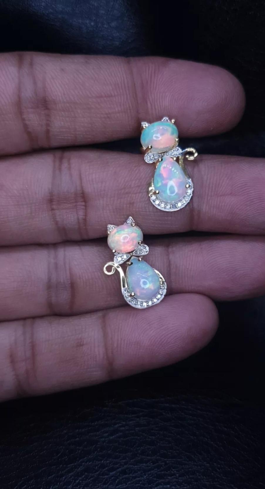 Round Cut Ethiopian Opal Diamond 14k Solid Gold Kitty Cat Bow Stud Earrings Pair For Sale