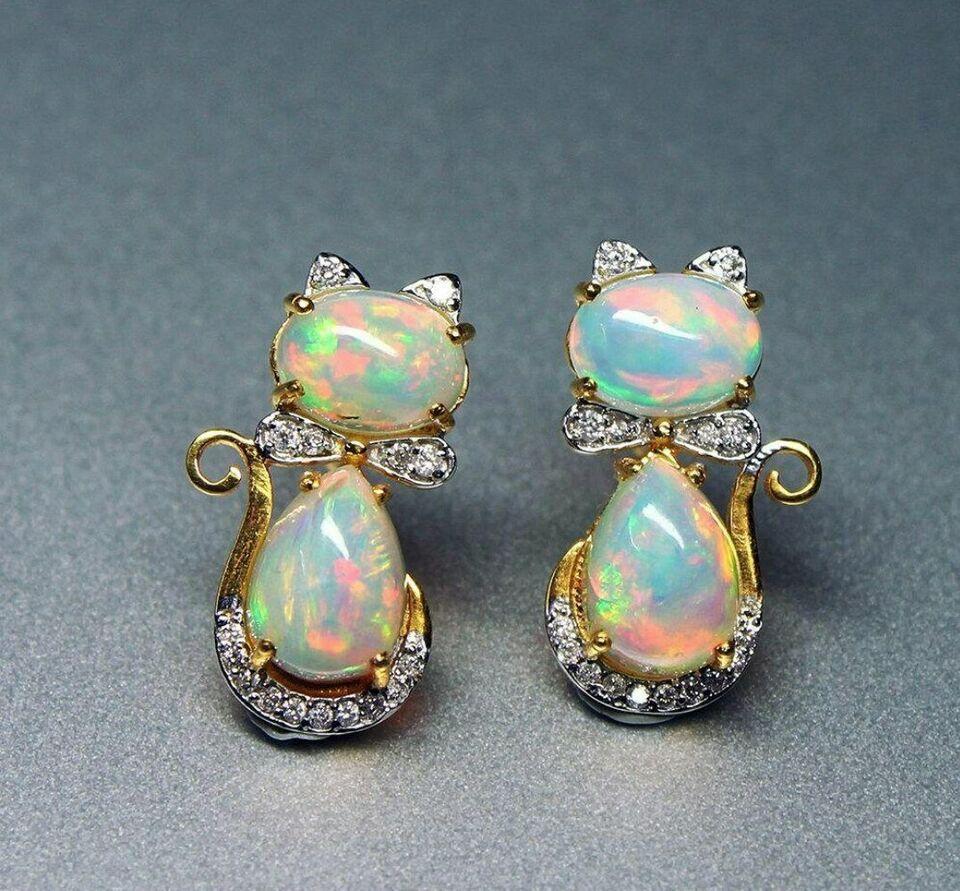 Ethiopian Opal Diamond 14k Solid Gold Kitty Cat Earring Cat Bow Stud Earrings  In New Condition For Sale In Chicago, IL